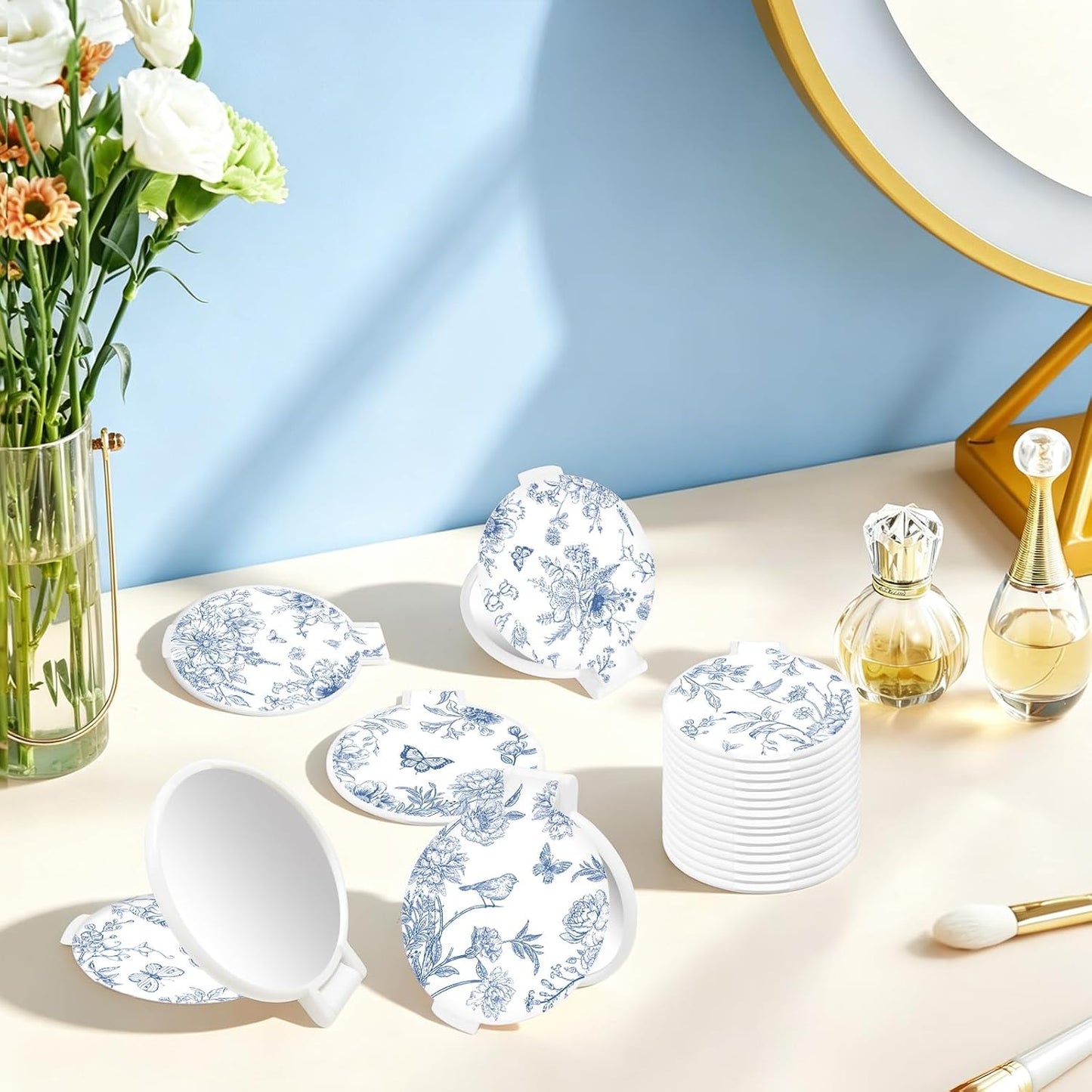 Blue Porcelain Compact Mirror Set - 50 Pcs Round Folding Makeup Mirrors | Portable Purse Size Gifts for Women