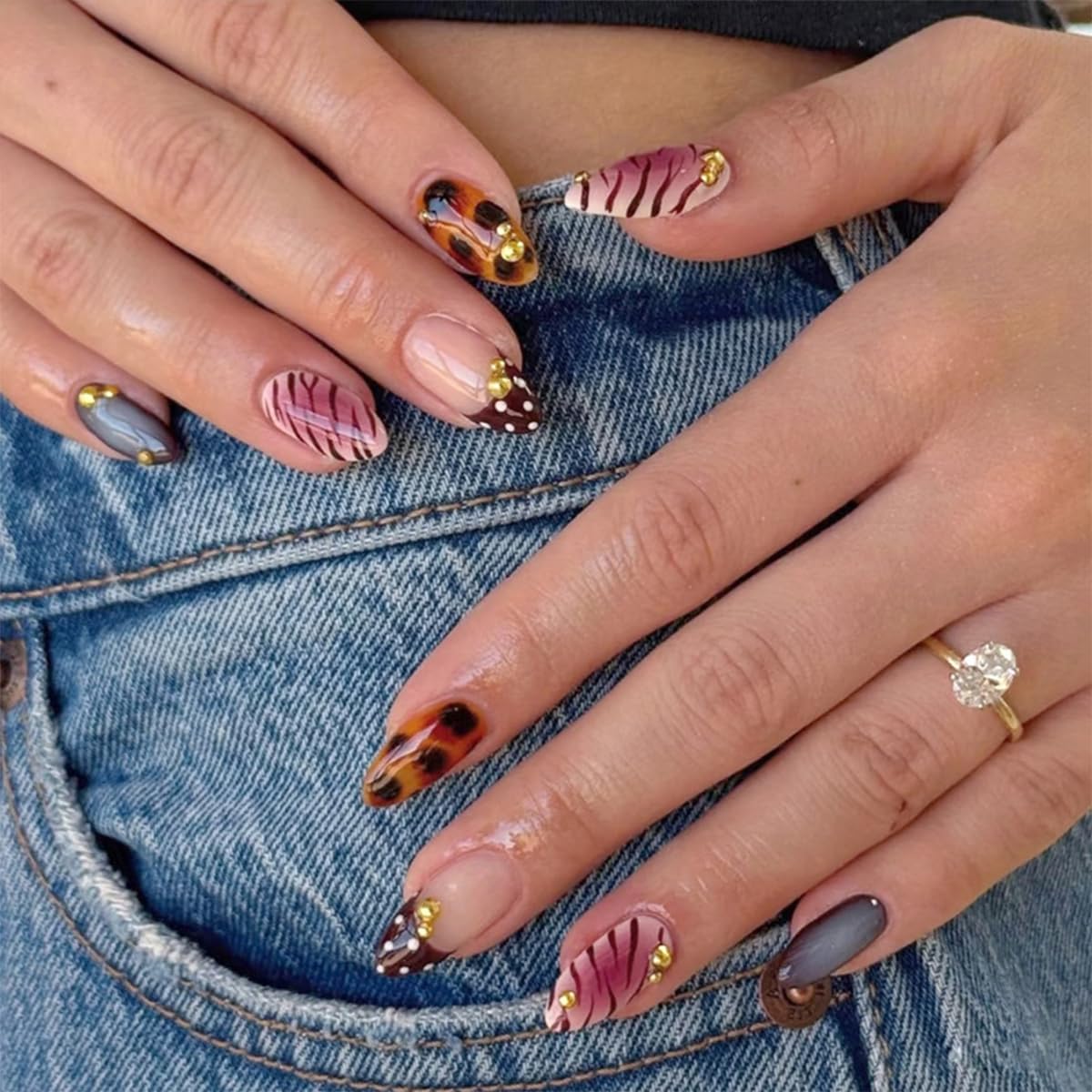 Short Almond Press-On Nails - 24 Pcs French Tip with Leopard Print & Gold Beads | Reusable Acrylic Nail Designs for Women