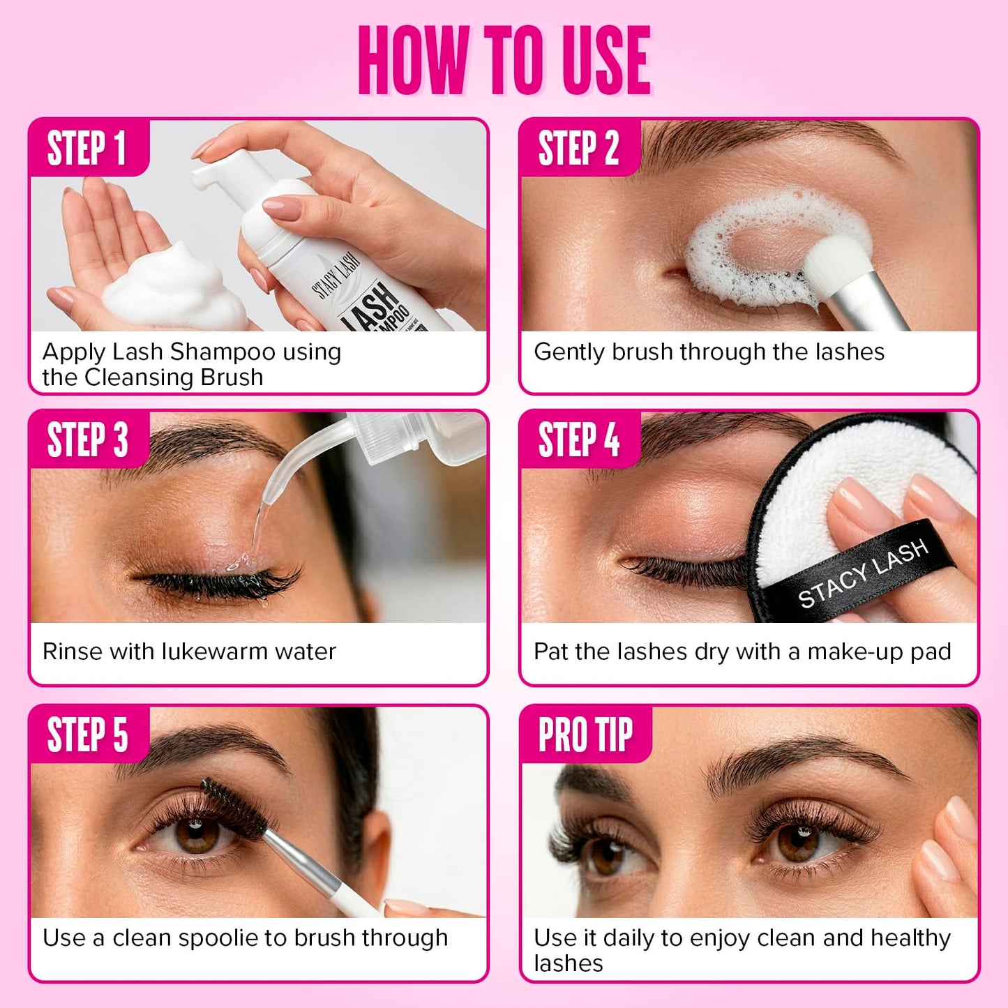 STACY LASH Lash Shampoo 50ml Kit Korean Makeup Remover with Eye Lash Spoolies & Rinse Bottle & Cleansing Pad & Brush for Eyelash Extensions & Clusters & Natural Eyelashes