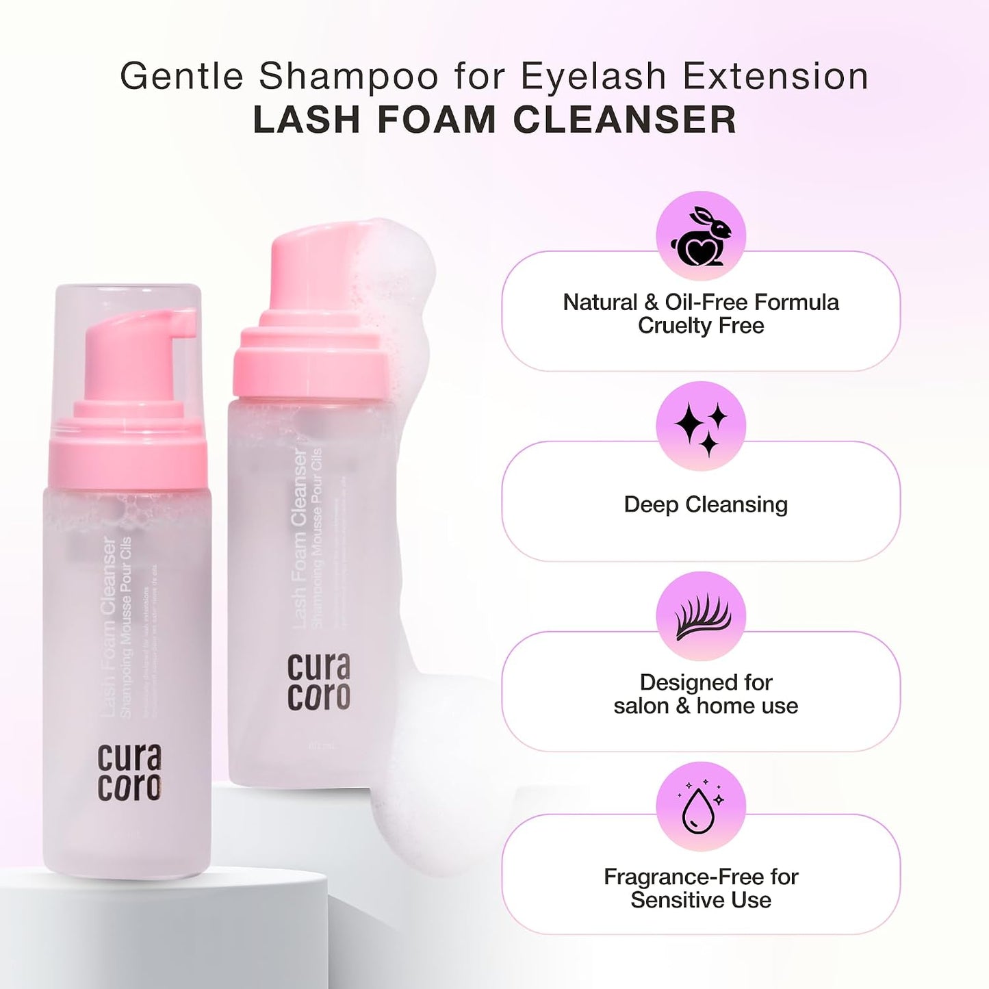 Curacoro Eyelash Extension Cleanser - Unscented Foam Shampoo for Sensitive Skin | 60ML, Removes Waterproof Makeup
