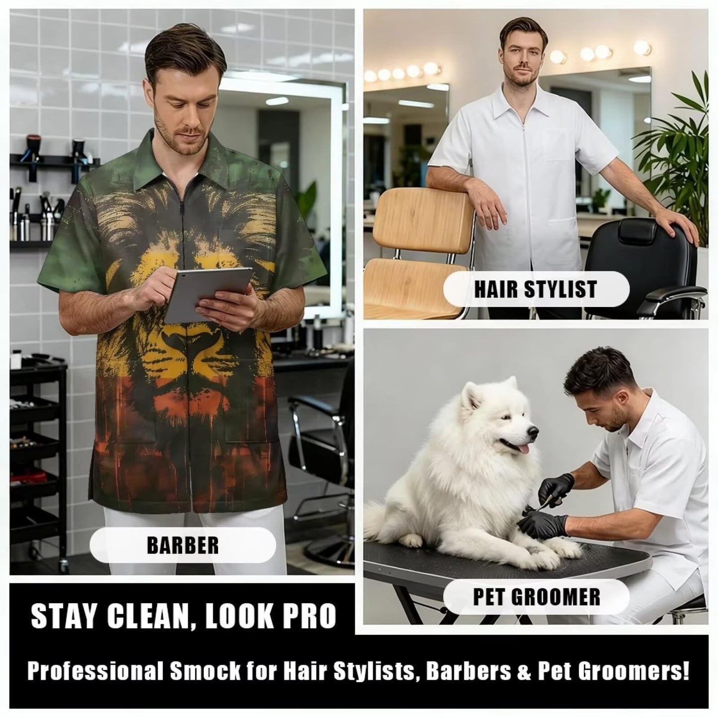 Srengjodk Rasta Lion Print Jacket For Barber Waterproof Hairdresser Smock, Green Anti-Static Grooming Smocks With 3 Pockets For Women Men Hair Stylist Work Vest Apron L 2XL
