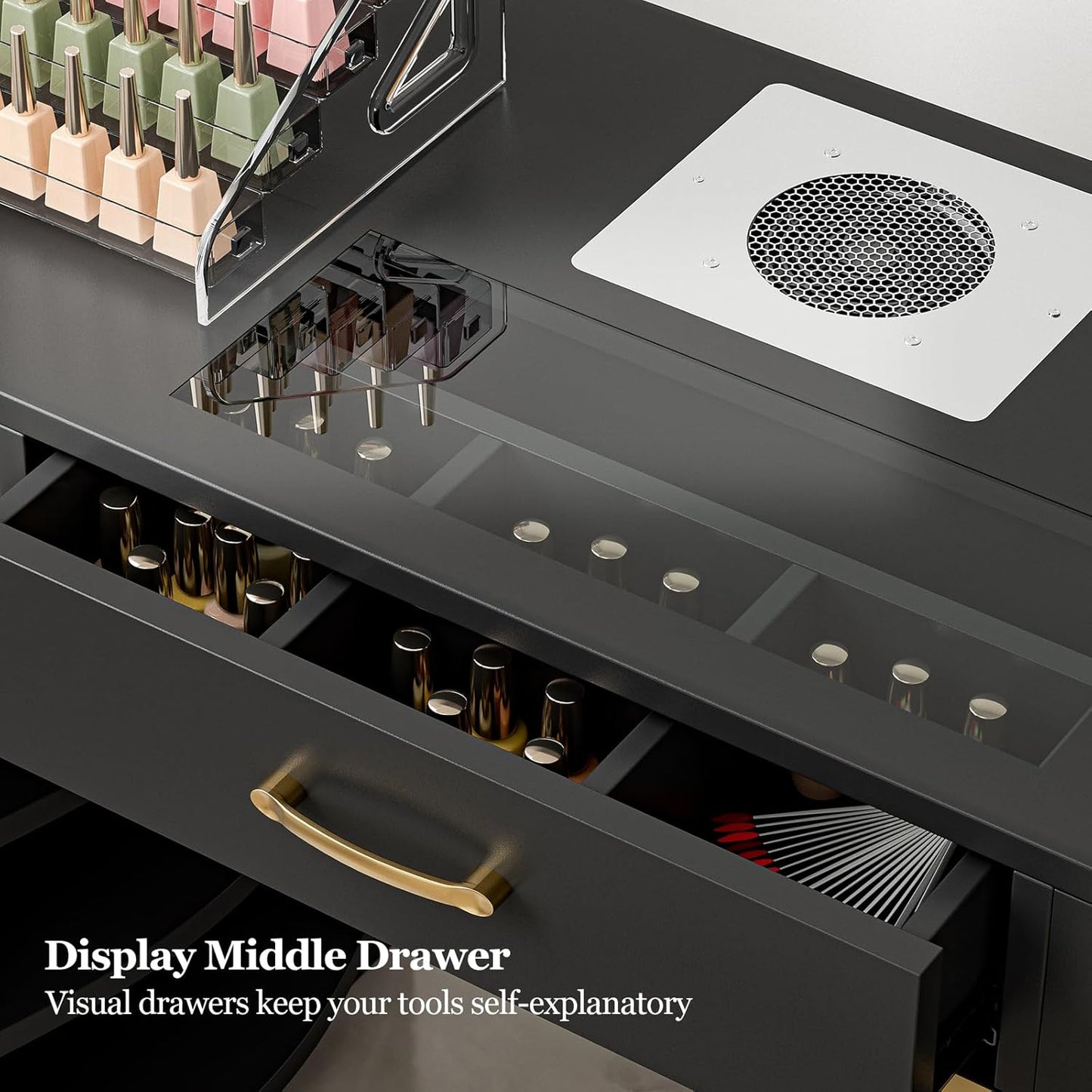 Manicure Table Nail Station - Glass Top Nail Table with Electric Dust Collector, 7 Drawers & Shelves | Black Vision