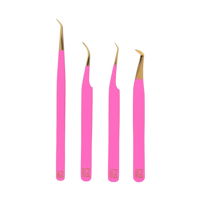 M LASH Eyelash Tweezers for Eyelash Extensions (Set of 4) - Professional Lash Extension Tweezers - Fiber Tip Lash Tweezers, Japanese Steel, Diamond Grip For Flawless Application (O3)