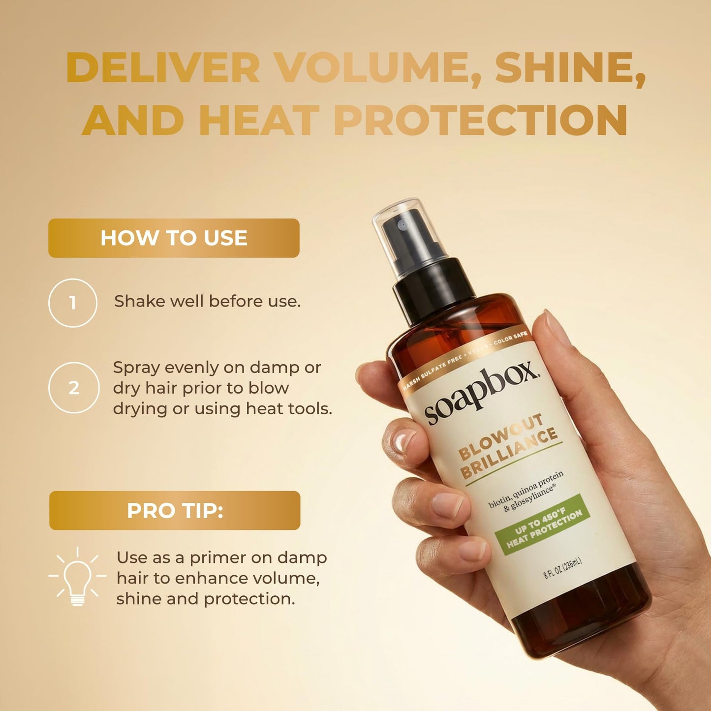 Soapbox Blowout Brilliance, 3-In-1 Volume, Shine & Heat Protectant Spray for Hair - Leaves Hair Shiny, Smooth, Lifted & Protected - Lightweight Thermal Protection with Anti Frizz Smoothing - 8oz