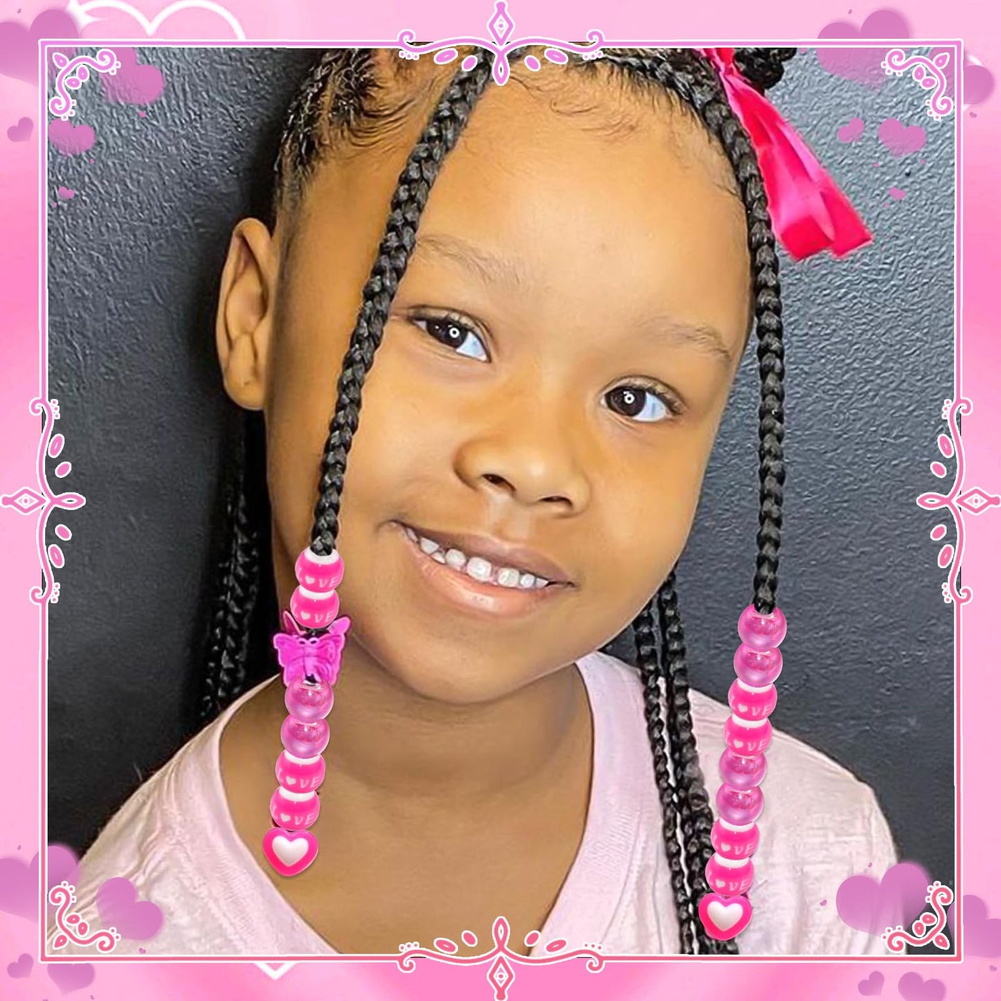 NAISKA 60PCS Hot Pink Heart Beads for Hair Round Beads for Braids Love Loc Dreadlock Jewelry Cute Kids Girls Valentine's Day Hair Braids Accessories