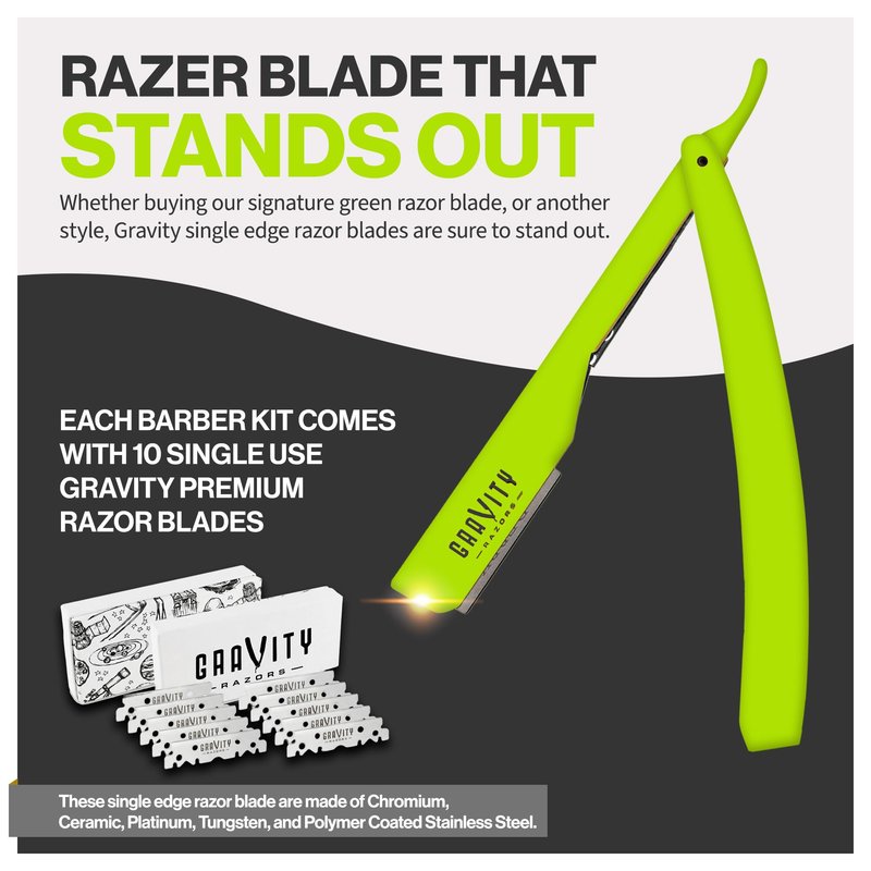 GRAVITY RAZORS Professional Straight Razor Kit – Minimal Exposure, Includes 10 Premium Blades, 0.5mm Exposed, Green