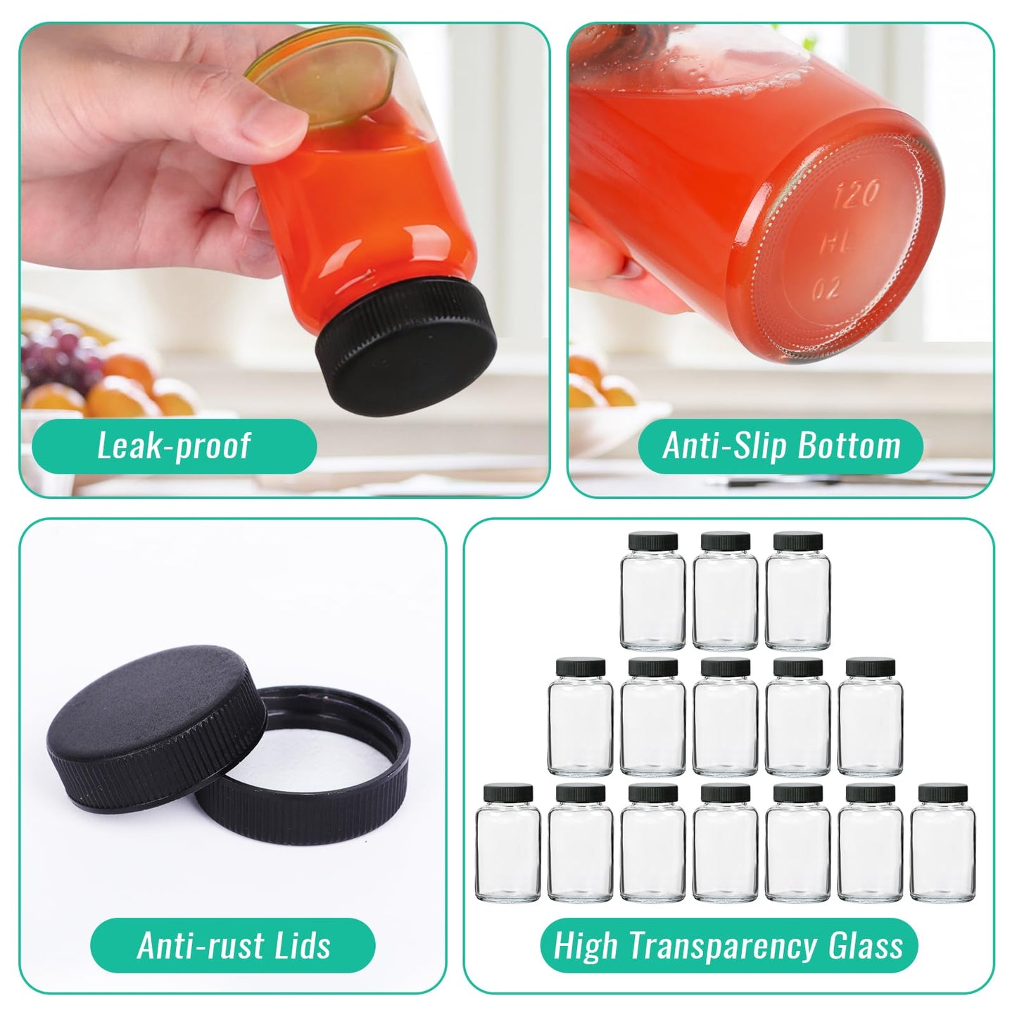 CAKKVDE 16 Pack 4 oz Glass Ginger Shots Bottles with Black Caps