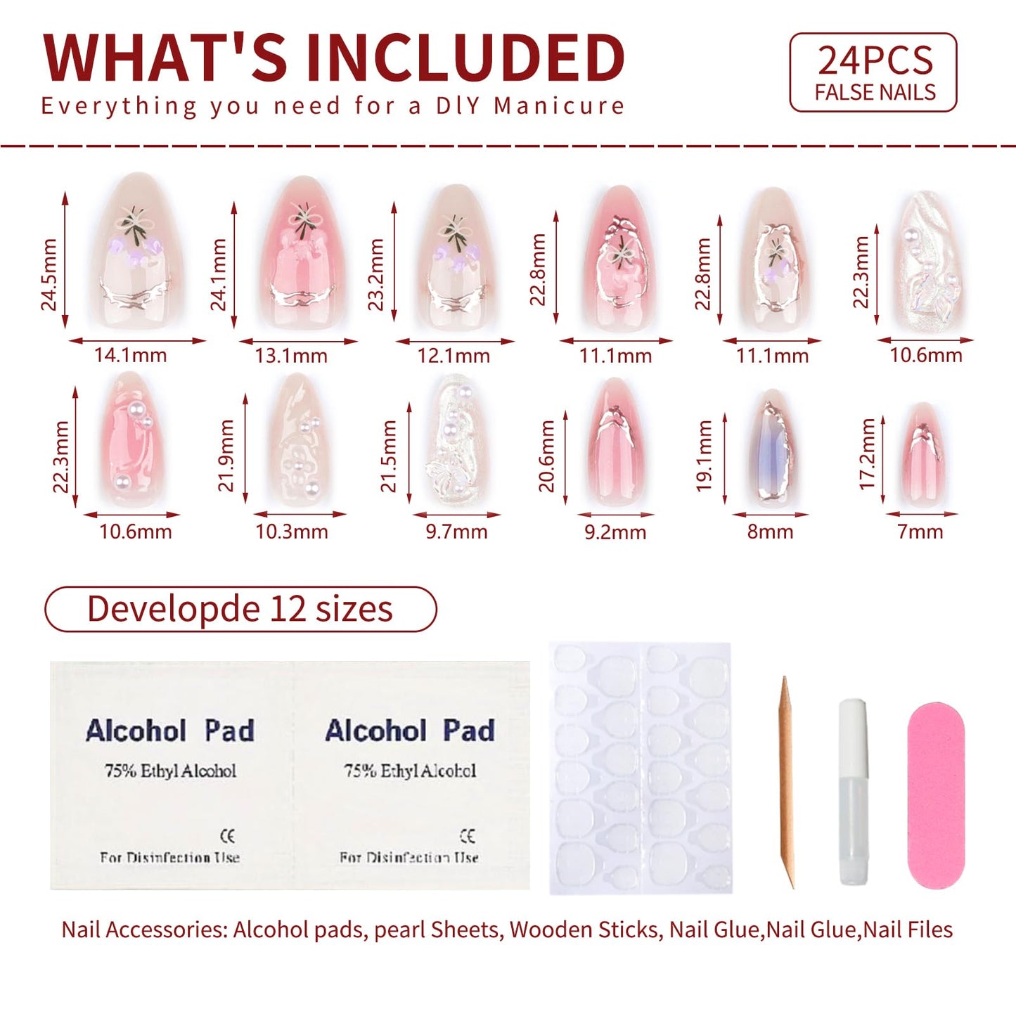 3D Flower Press On Nails Almond Shape – Medium Length Glossy Nude Pink Fake Nails with Pearls & Gold Details, Acrylic Reusable Stick On Nails for Women, Elegant Floral False Nails for Wedding Party