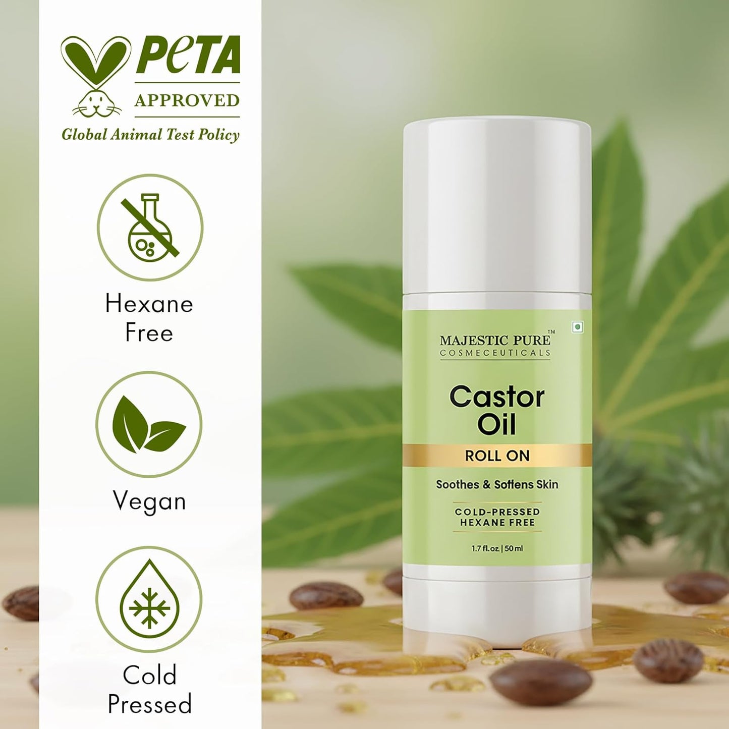 Organic Castor Oil Roll-On | Mess-Free Beauty Oil for Skin, Hair, Brows & Lashes - 1.7 Fl Oz