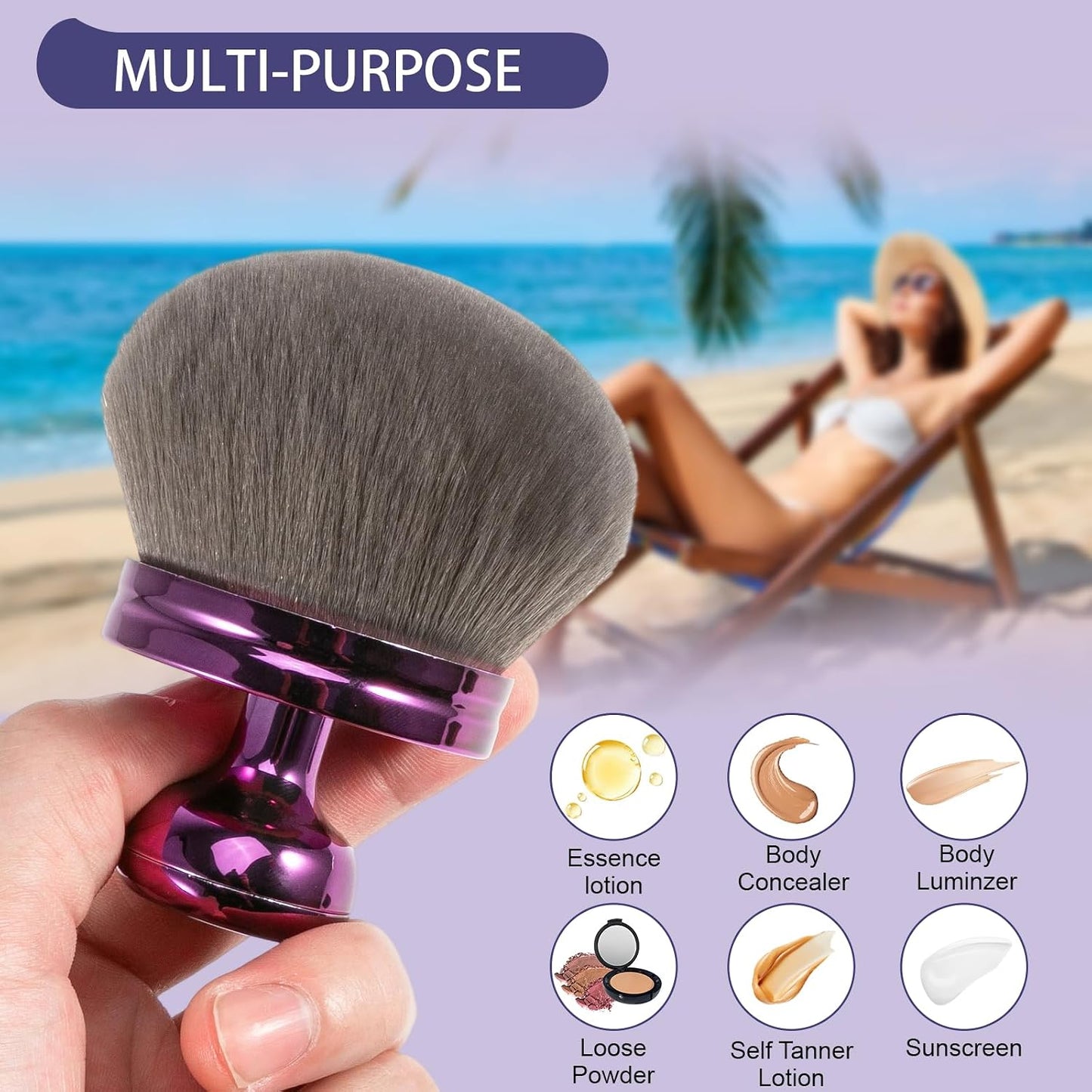 UNIMEIX 3-Inch Sunscreen Brush - Kabuki Applicator for Face & Body Makeup | Violet Drawstring Bag Included