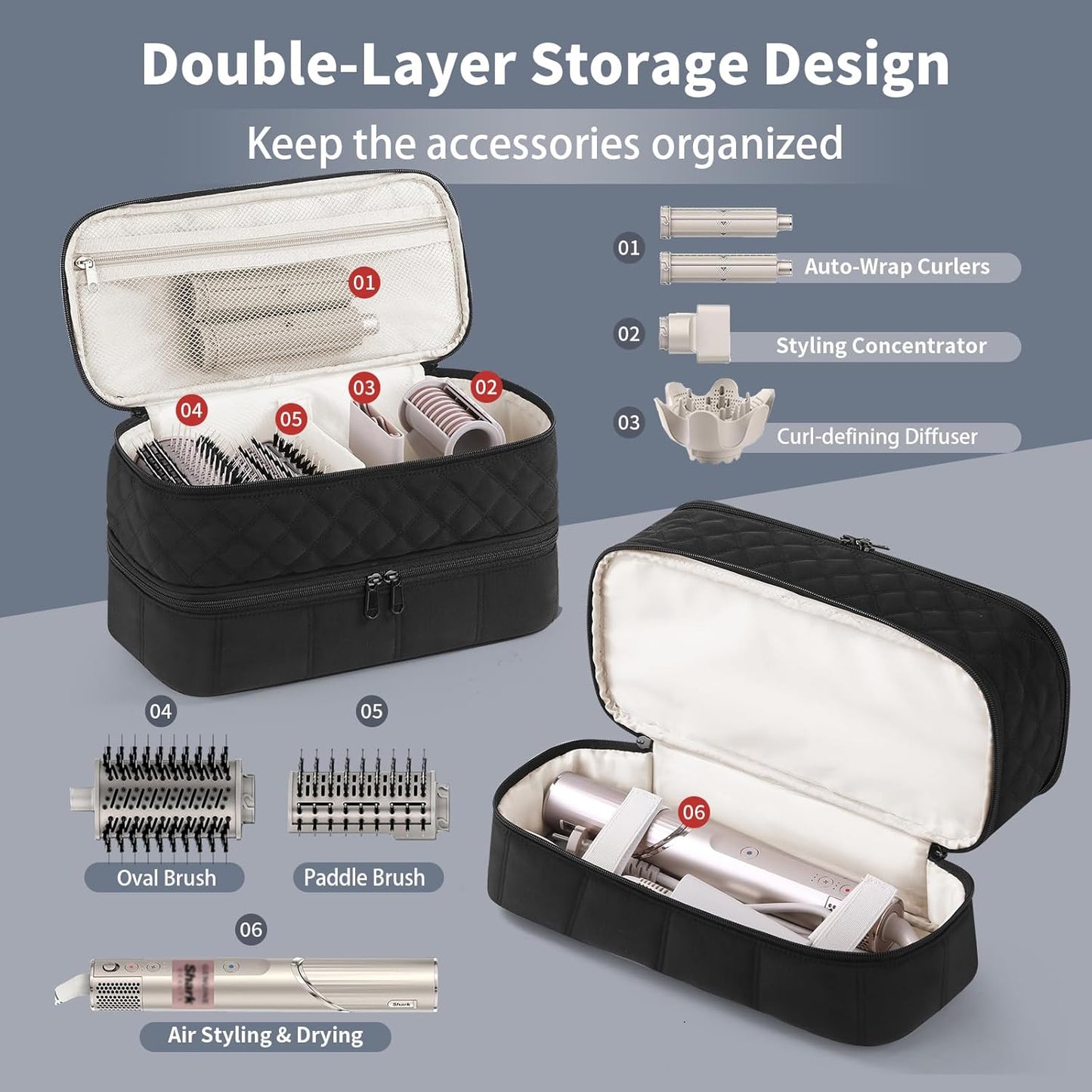 Hair Travel Carrying Case - Double-Layer Storage for Shark Flex Style & Dyson Airwrap | Black