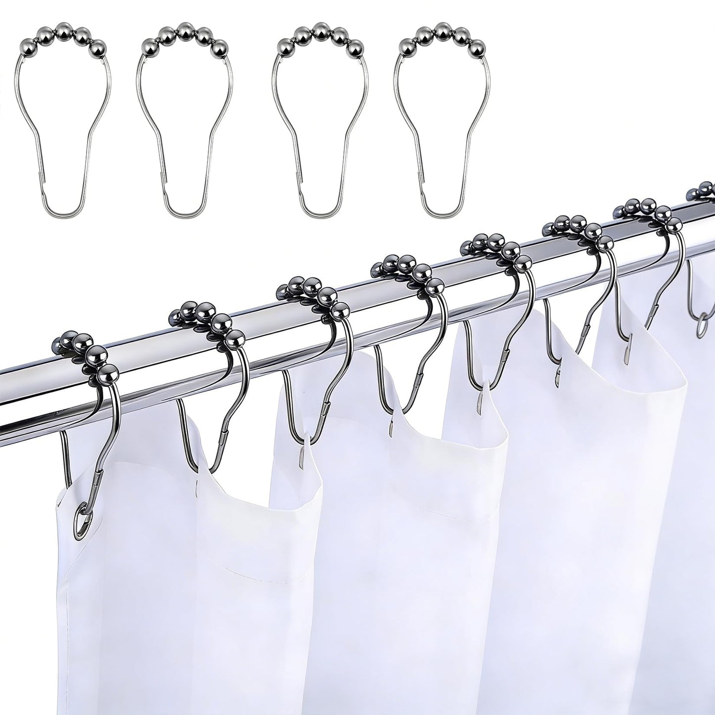 Shower Curtain Hooks Rust Proof Stainless Steel - Set of 13 Silver Shower Curtain Rings for Bathroom Rods, Heavy Duty Metal Gliding Hangers, Decorative Polished Finish for Curtains & Liners