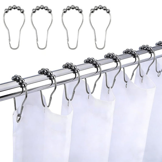 Shower Curtain Hooks Rust Proof Stainless Steel - Set of 13 Silver Shower Curtain Rings for Bathroom Rods, Heavy Duty Metal Gliding Hangers, Decorative Polished Finish for Curtains & Liners