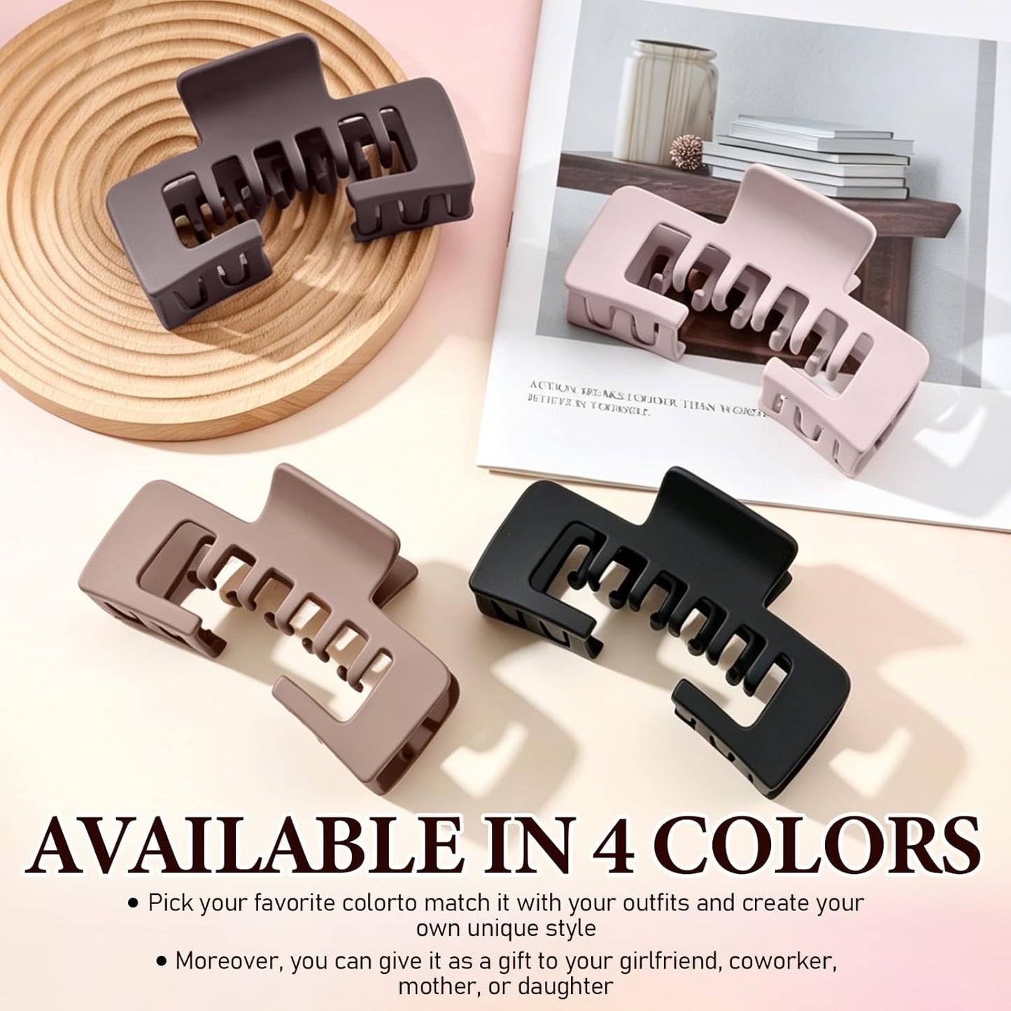 Hat-Friendly Claw Clips - Non-Slip Square Design for Baseball Caps | 4 Pcs Mixed Colors for Thick & Thin Hair