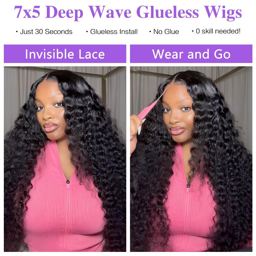 Glueless Human Hair Wigs - 26 Inch Deep Wave Lace Front, 210% Density, Pre Plucked & Cut | 7x5 HD Lace