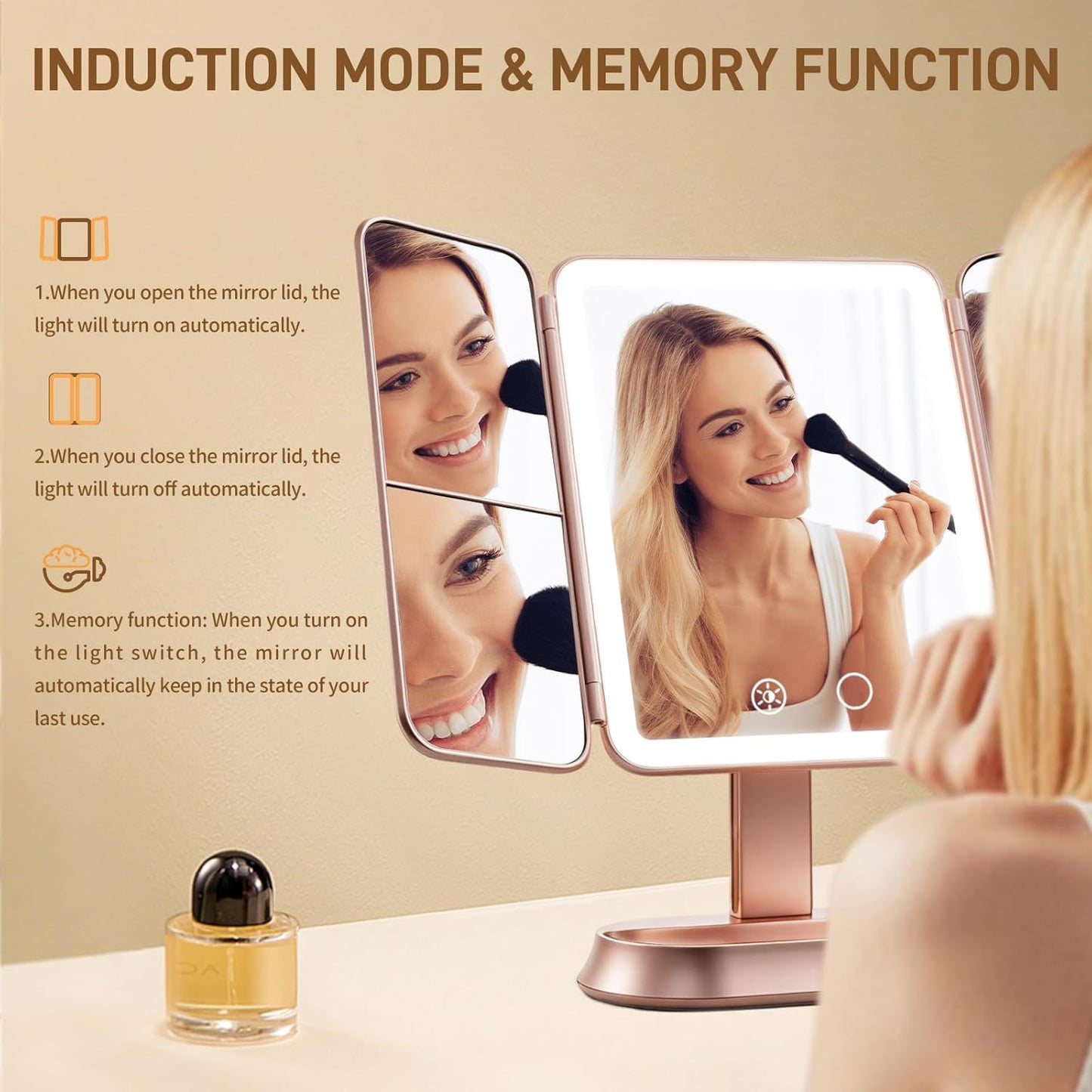 Lighted Makeup Mirror - 1X/3X/5X Magnification, Elegant Rose Gold Trifold Vanity Mirror with Smart Touch & 3 Lighting Modes | Portable Rechargeable Design