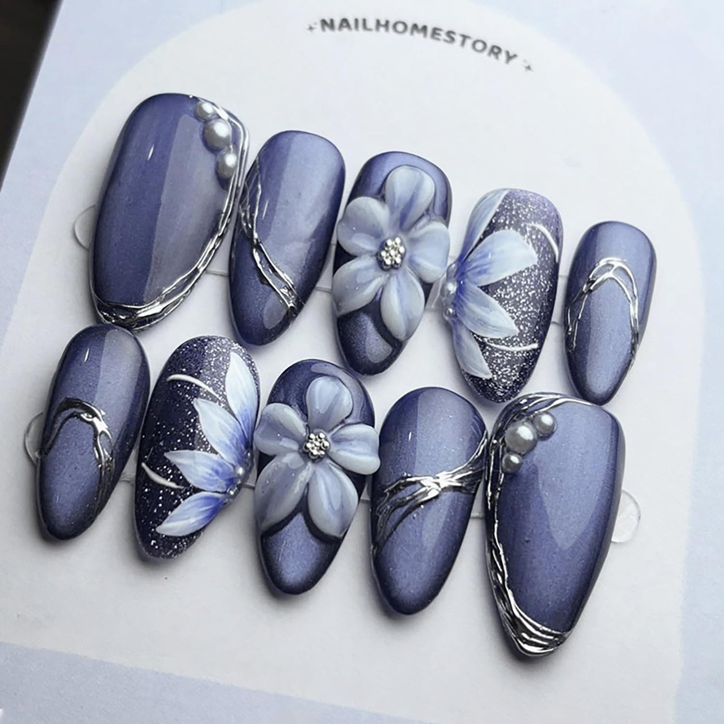 Almond Press-On Nails - 30Pcs Medium Flower Design with 3D Pearls | Dark Purple French Tips for DIY Manicure