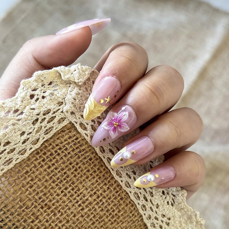 Summer Flower Press-On Nails - Medium Almond Fake Nails with 3D Designs | Pink & Yellow Acrylic Full Cover Set for DIY Nail Art
