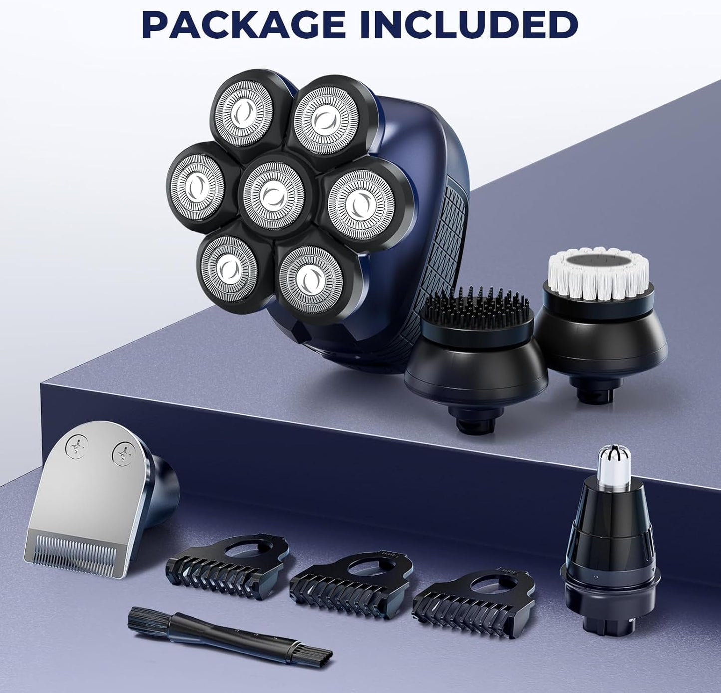 5-in-1 Electric Head Shaver for Bald Men - Waterproof Wet/Dry Grooming Kit | Rechargeable Razor in Deep Blue