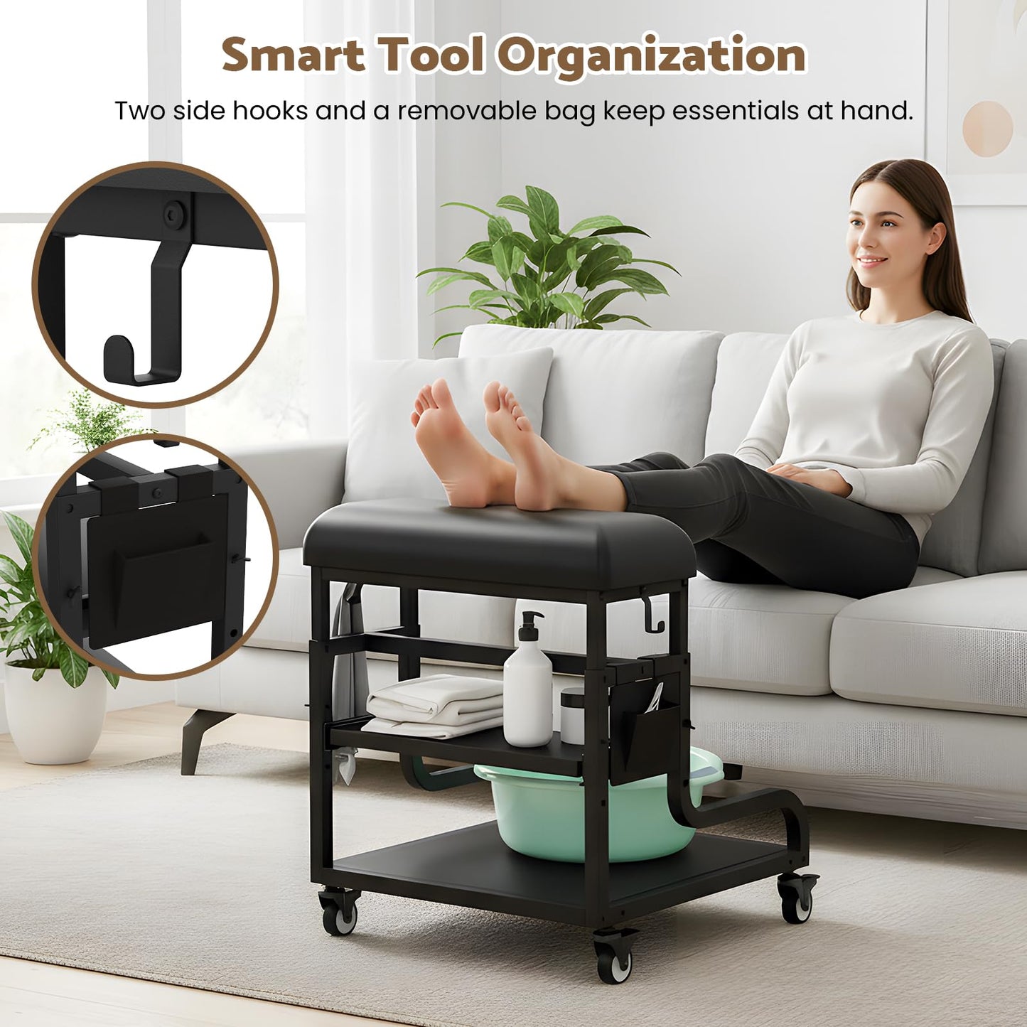 Adjustable Pedicure Foot Rest with 3-Level Height, PU Cushion, Storage & Locking Wheels, Mobile Pedicure Cart Foot Bath Trolley for Foot Bath, Salon & Spa (Black)