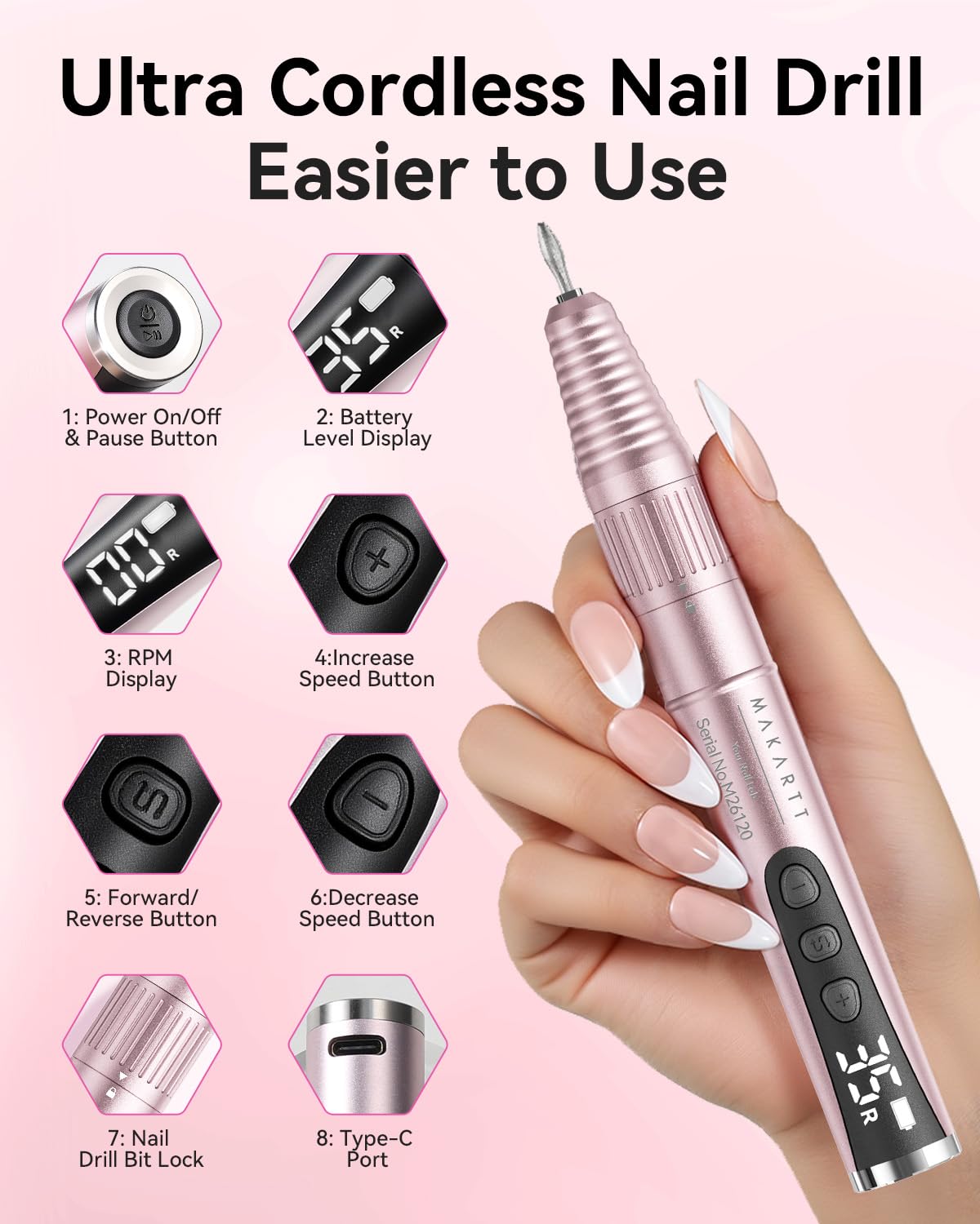Electric Nail Drill - Rechargeable 35000 RPM Professional Efile | Cordless Nail Machine for Acrylic Gel Polish, Lightweight & Portable