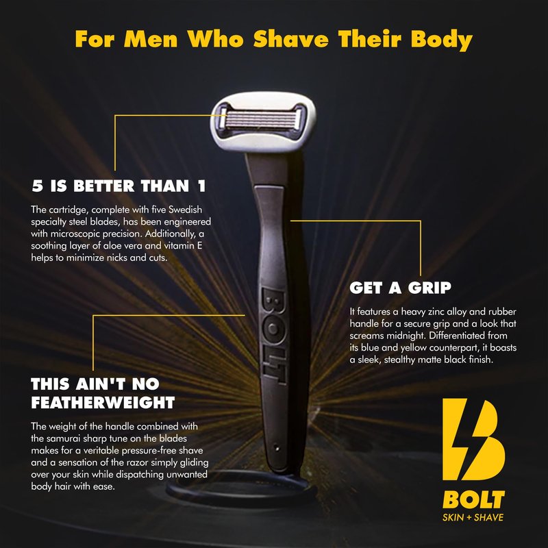 BOLT Skin + Shave - Performance Razor - Black Edition - 5-Blade Swedish Steel - Aloe & VIT E - Zinc Handle - Smooth Shave Kit - 2 Cartridges