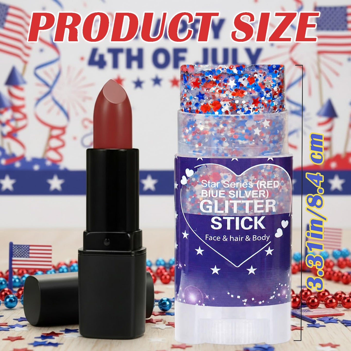 Paminify Red White Blue Hair Glitter Stick,4th of July Patriotic America Flag Star Face Body Glitter,250th Independence Day Outfits for Women, Waterproof Cheer Glitter Makeup for Soccer Game
