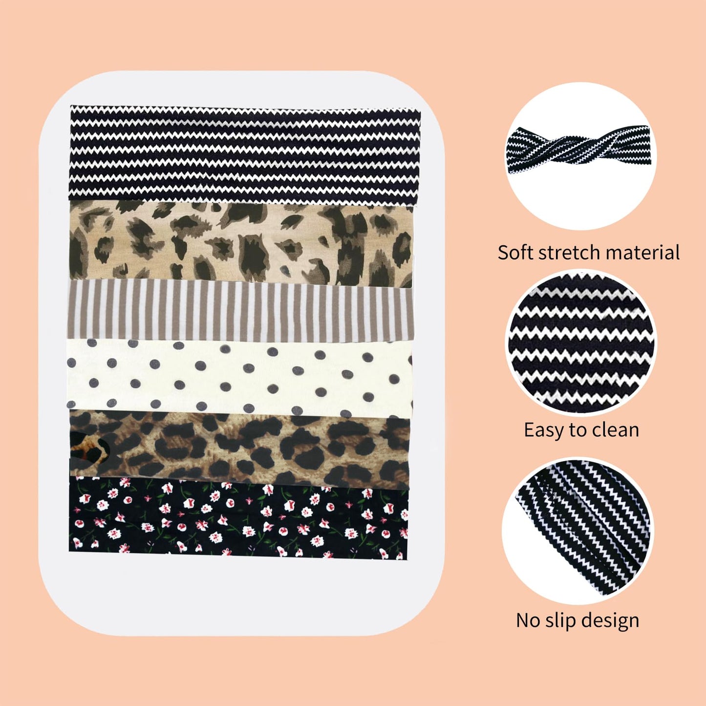 6 Pcs Anti-Slip Elastic Headbands for Women, Soft Breathable Fabric Yoga Sweatbands, Leopard, Floral & Line Print for Fitness, Running & Daily Wear