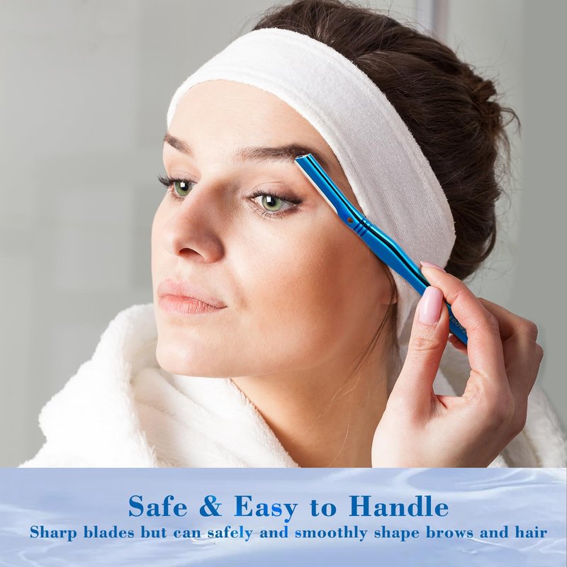 EROWZOLA Eyebrow Razor for Women and Men, Face Razors for Women, Dermaplane Razor with Protective Silicone Cover, Reusable Metal Handle with 6 Refill Blades, Skin Care Tool - Blue