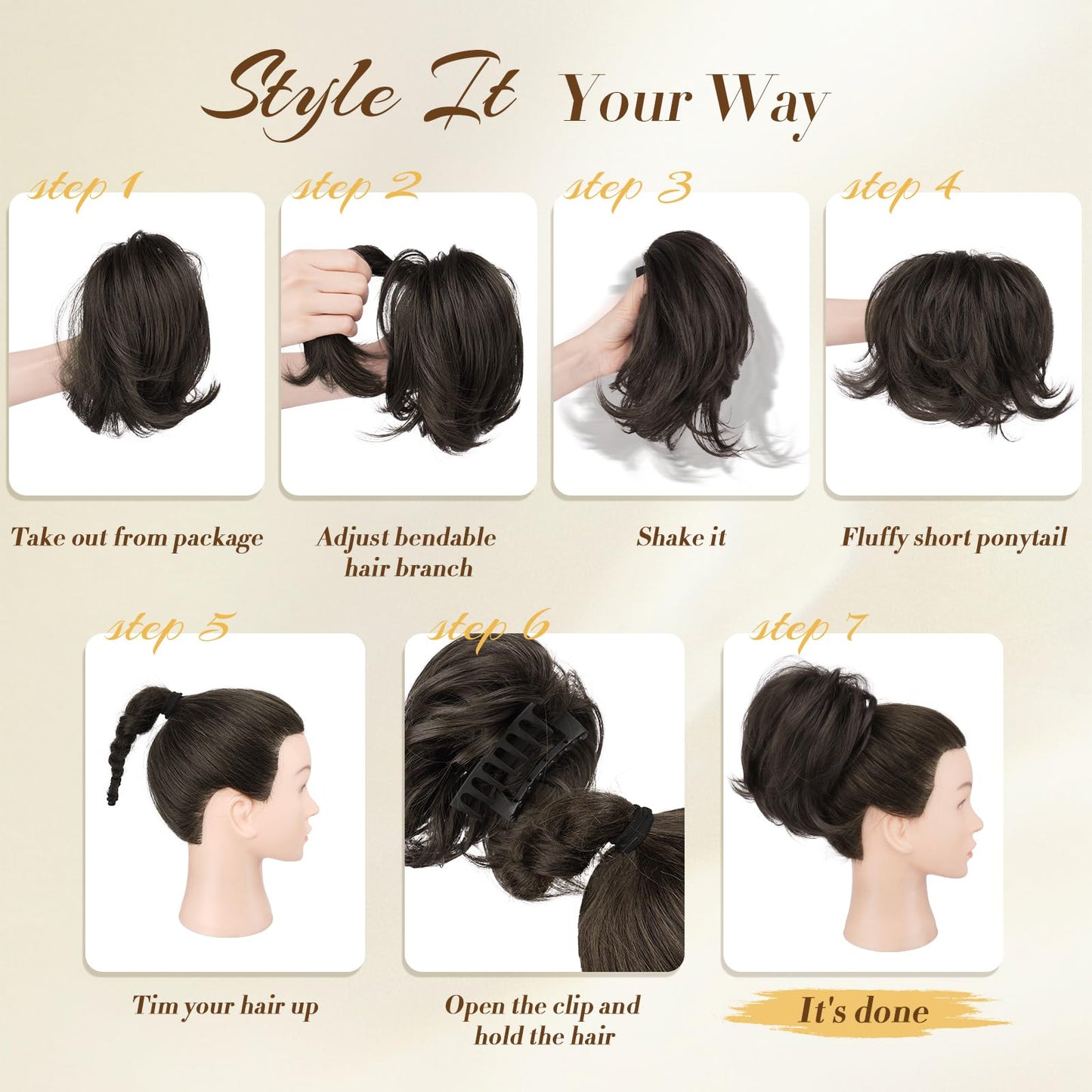 FESHFEN Claw Clip Short Ponytail Extensions - DIY Bendable Metals Fluffy Messy Bun Hair Piece Straight Synthetic Hairpieces Ponytail Extension for Women, Mix Brown