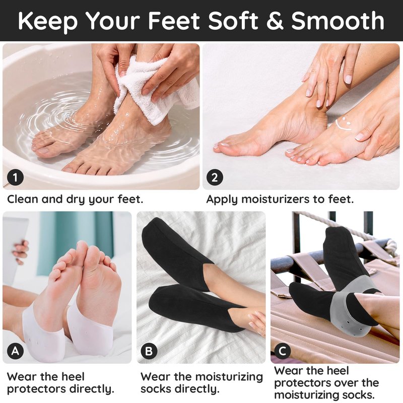 Segbeauty 6 Count Sleep Lotion Cotton Socks for Women, 1 Pair of Silicone Heel Protector for Dry Feet, Moisturizing Socks for Cracked Heel Repair, Overnight Spa Feet Care Kit for Women Moisture Sock