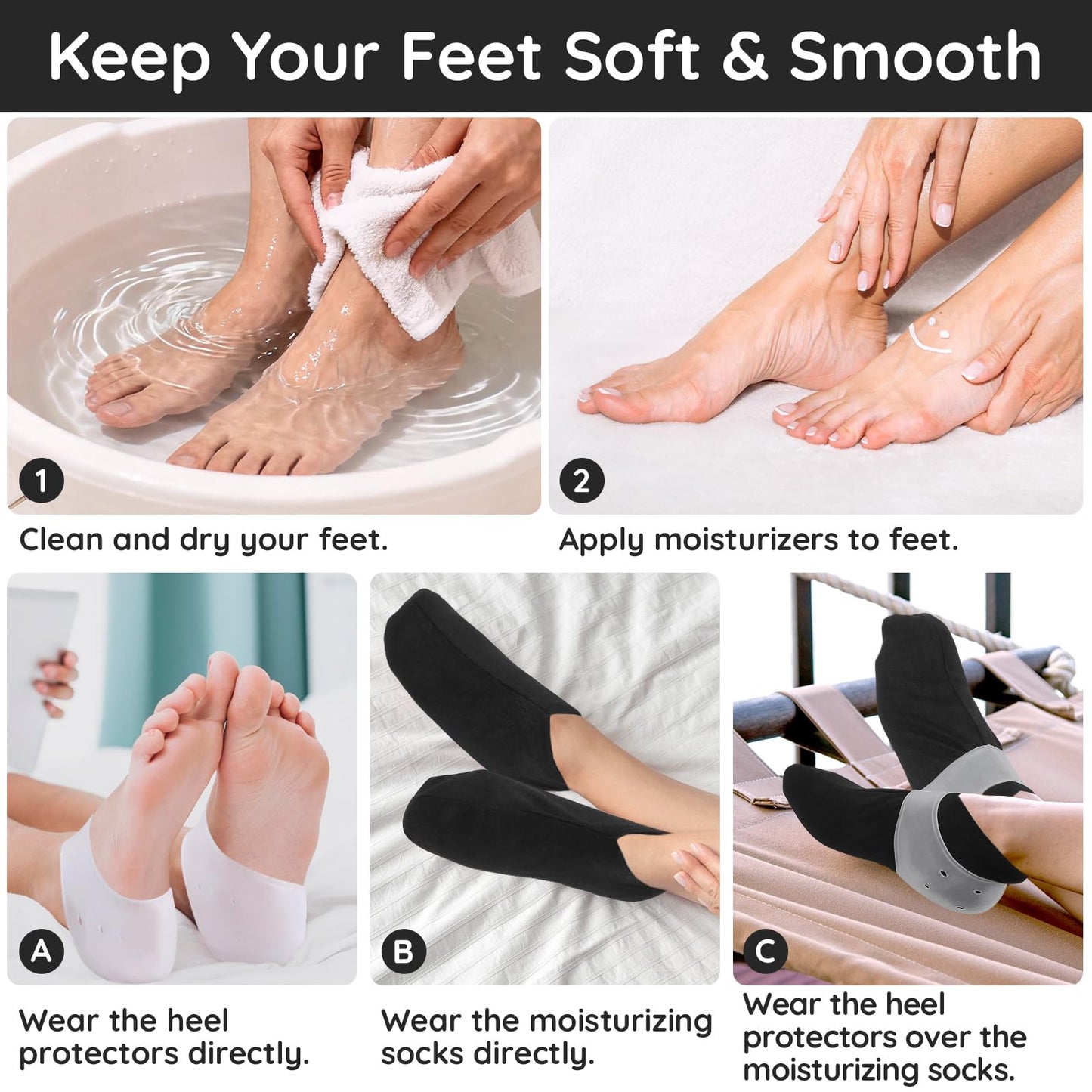 Segbeauty 6 Count Sleep Lotion Cotton Socks for Women, 1 Pair of Silicone Heel Protector for Dry Feet, Moisturizing Socks for Cracked Heel Repair, Overnight Spa Feet Care Kit for Women Moisture Sock