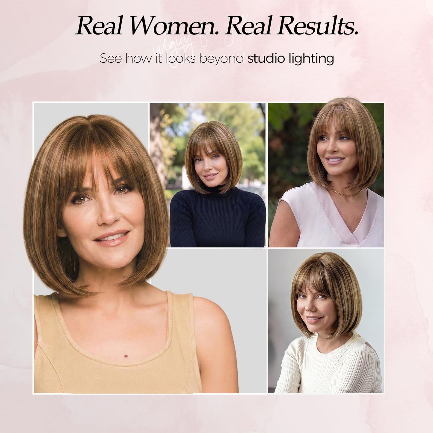 WIGYY Honey Brown Short Bob Wig with Bangs for White Women – 12 Inch Straight Lace Front Synthetic Wig, Glueless Heat-Resistant Protein Fiber, Realistic Lightweight Daily Party Wear