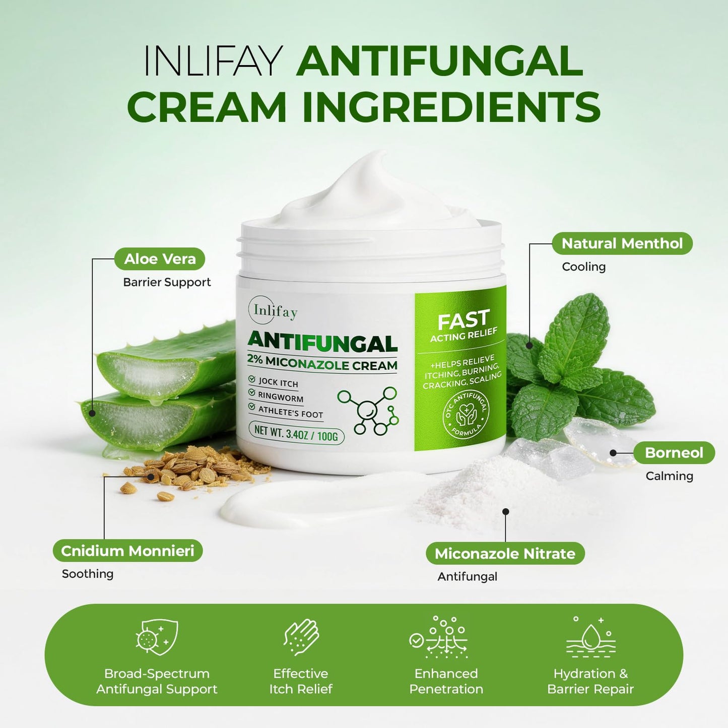 Inlifay 2% Miconazole Antifungal Cream: Helps relieve the itching, burning, cracking, and scaling associated with fungal infections such as athlete's foot,jock itch, and ringworm(3.52 OZ)