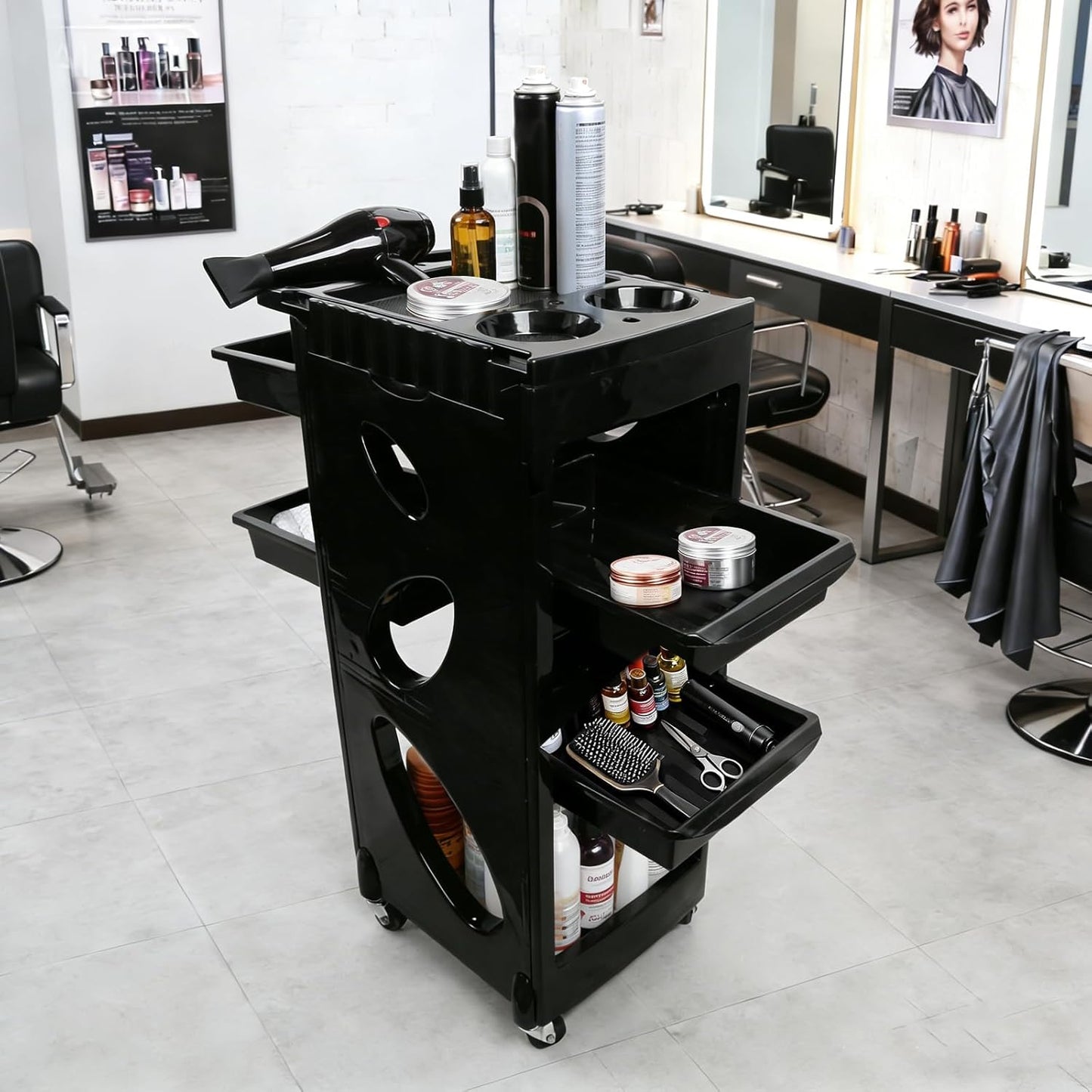 Salon Beauty Rolling Trolley Cart - Black Hair Storage Cabinet with Multi Drawers & 4 Wheels | Hollow-Carved Design