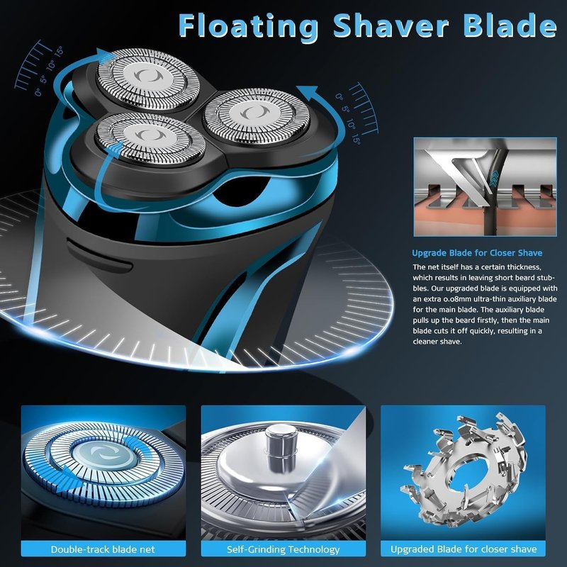 Electric Razor for Men - 4D Floating Head Rotary Shaver with LCD Display | Waterproof & Quiet Motor (Blue)