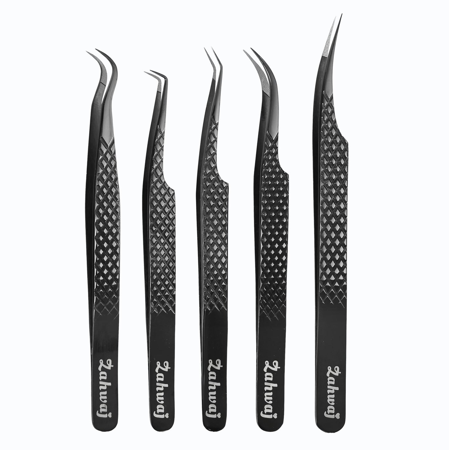 ZAHWAJ Fiber Tip Lash Tweezers - Set of 5 Diamond Grip Eyelash Extension Tweezers, Japanese Stainless Steel Tweezers Set for Volume, Isolation & Classic Lashes (Black)