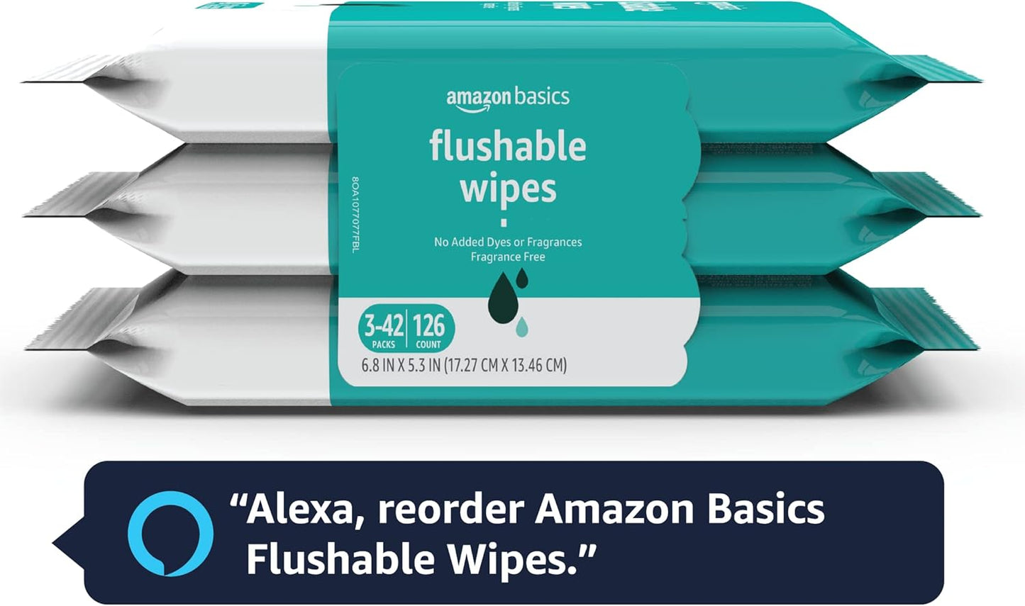 Flushable Adult Wet Wipes - Fragrance-Free, 126 Count (3 Packs of 42) | Gentle & Convenient