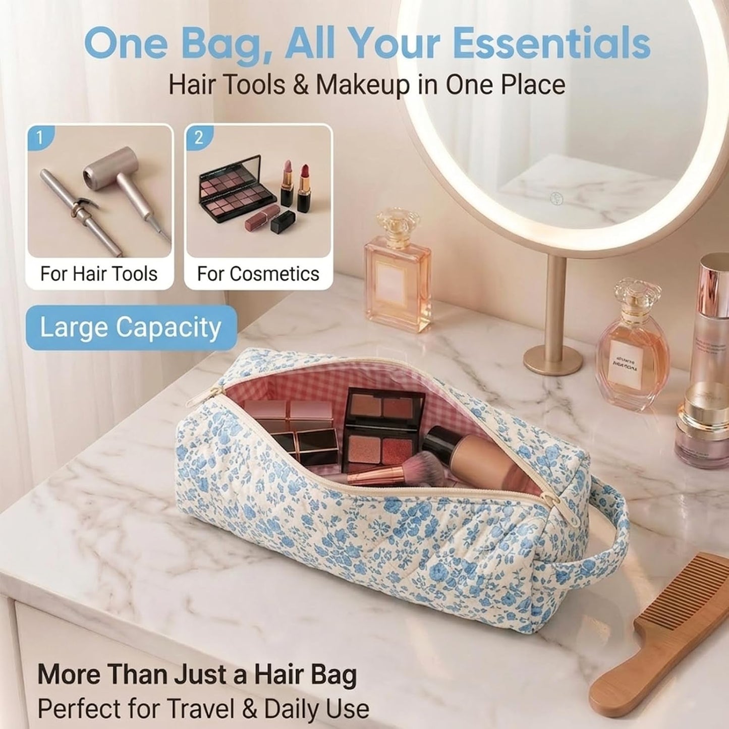 Hair Tools Travel Bag - Compact Case for Dyson Airwrap & Shark Flexstyle | 14" Portable Organizer in Blue Flower