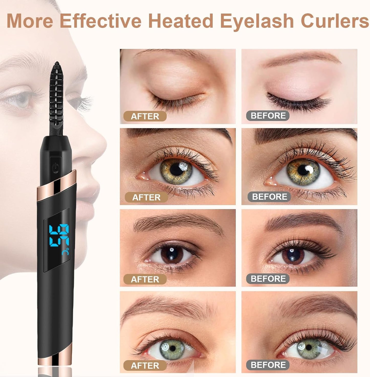 Heated Eyelash Curler - Electric Rechargeable Lash Curler for Natural Curling | 24-Hour Long-Lasting Black Model