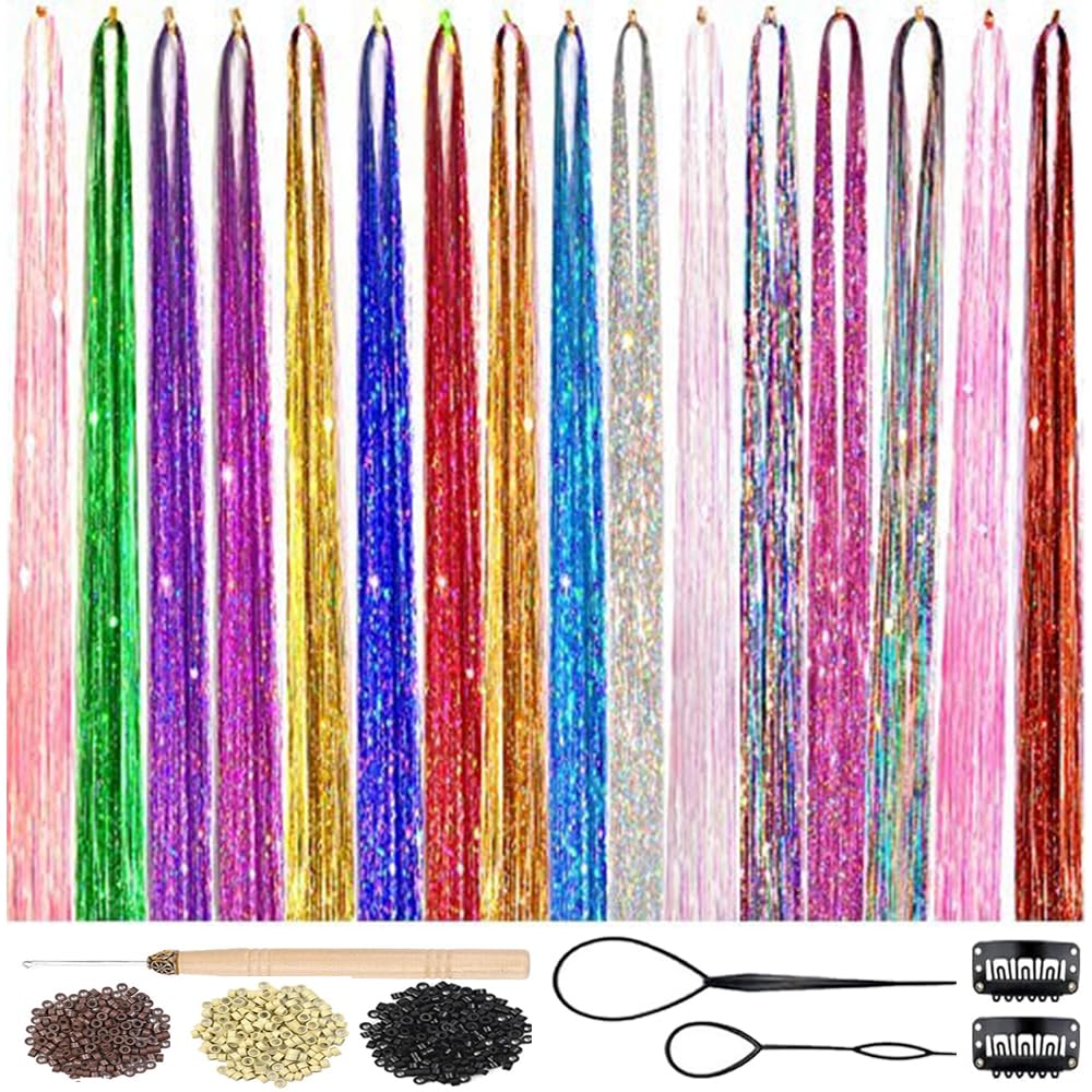 Hair Tinsel Kit - 12 Color Sparkling Heat-Resistant Tinsel Extensions | 48-Inch Strands for Fairy Hair