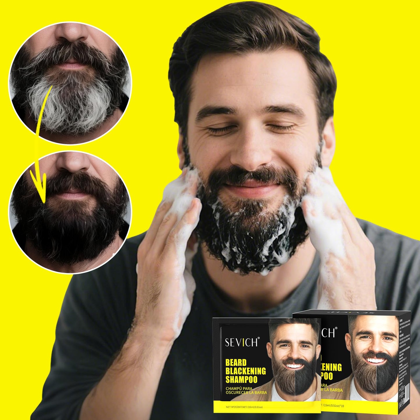SEVICH Beard Blackening Shampoo for Men - Instant Natural Black Color, Anti-Hair Loss Formula, 10x15ml Travel-Friendly Packets | Safe & Gentle Beard Dye with Nourishing Care