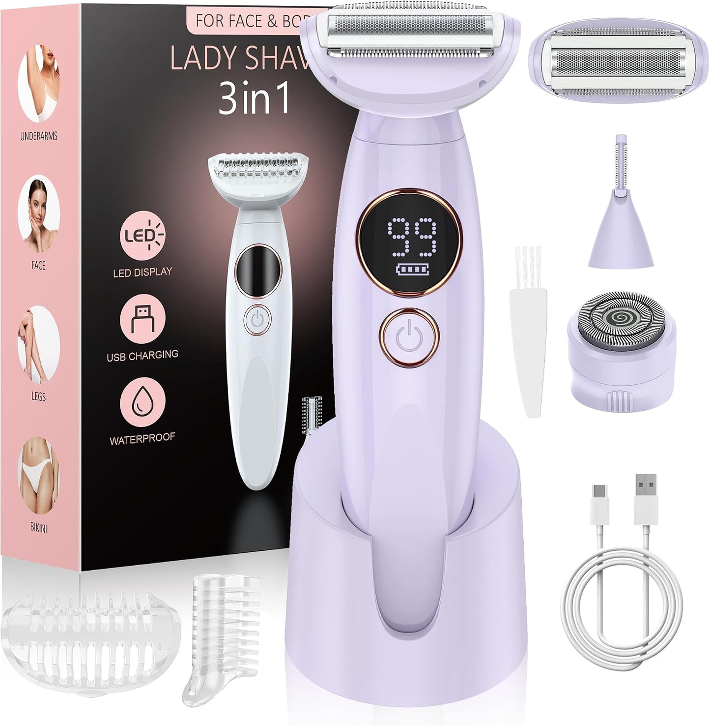 3 in 1 Bikini Trimmer for Women - Painless Electric Razor with Display | USB Charging, IPX7 Waterproof, White