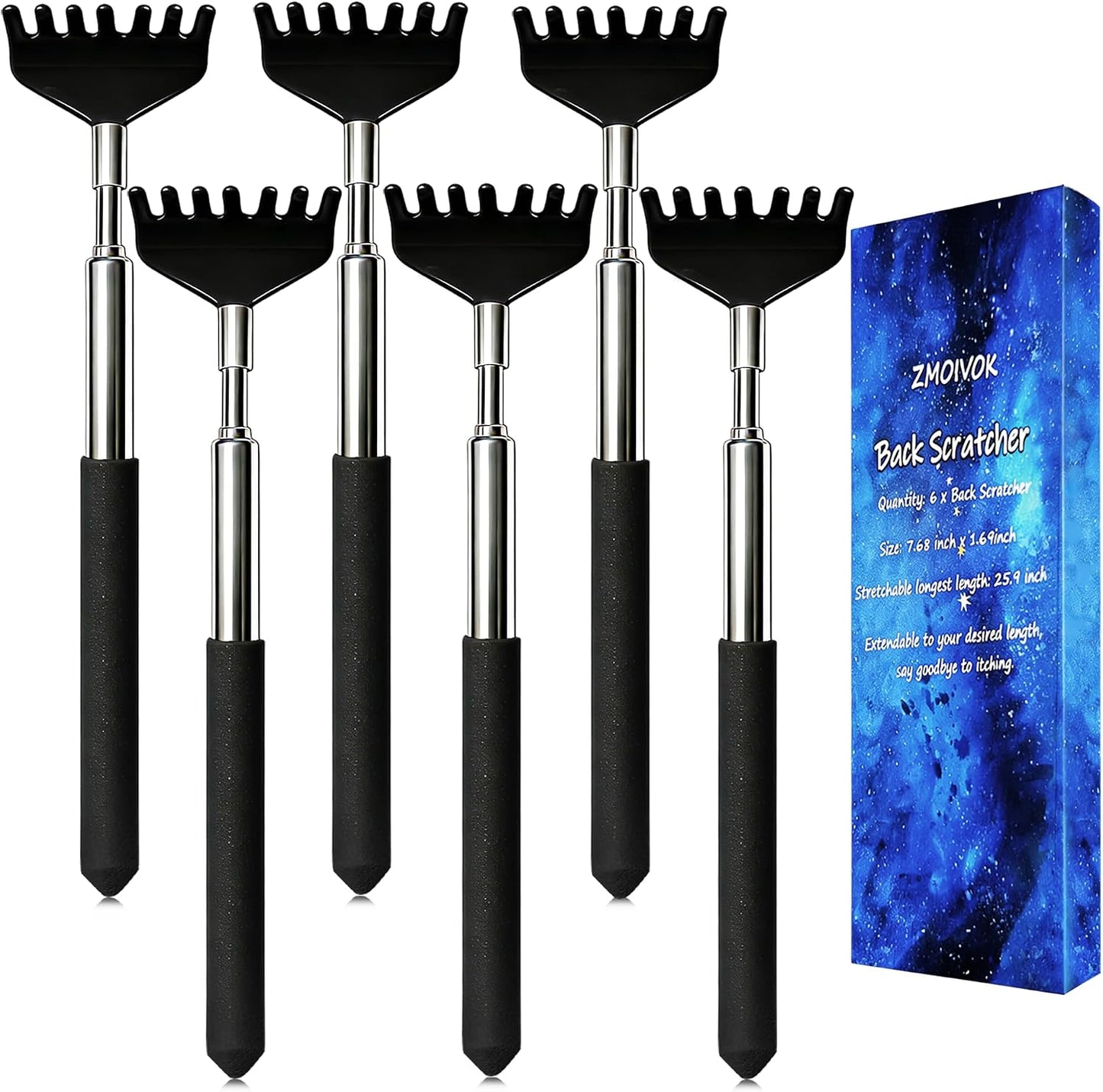 Back Scratchers Set - 6 Pack Extendable Rubber Handle & Stainless Steel Heads | Perfect Gift for Thanksgiving & Christmas