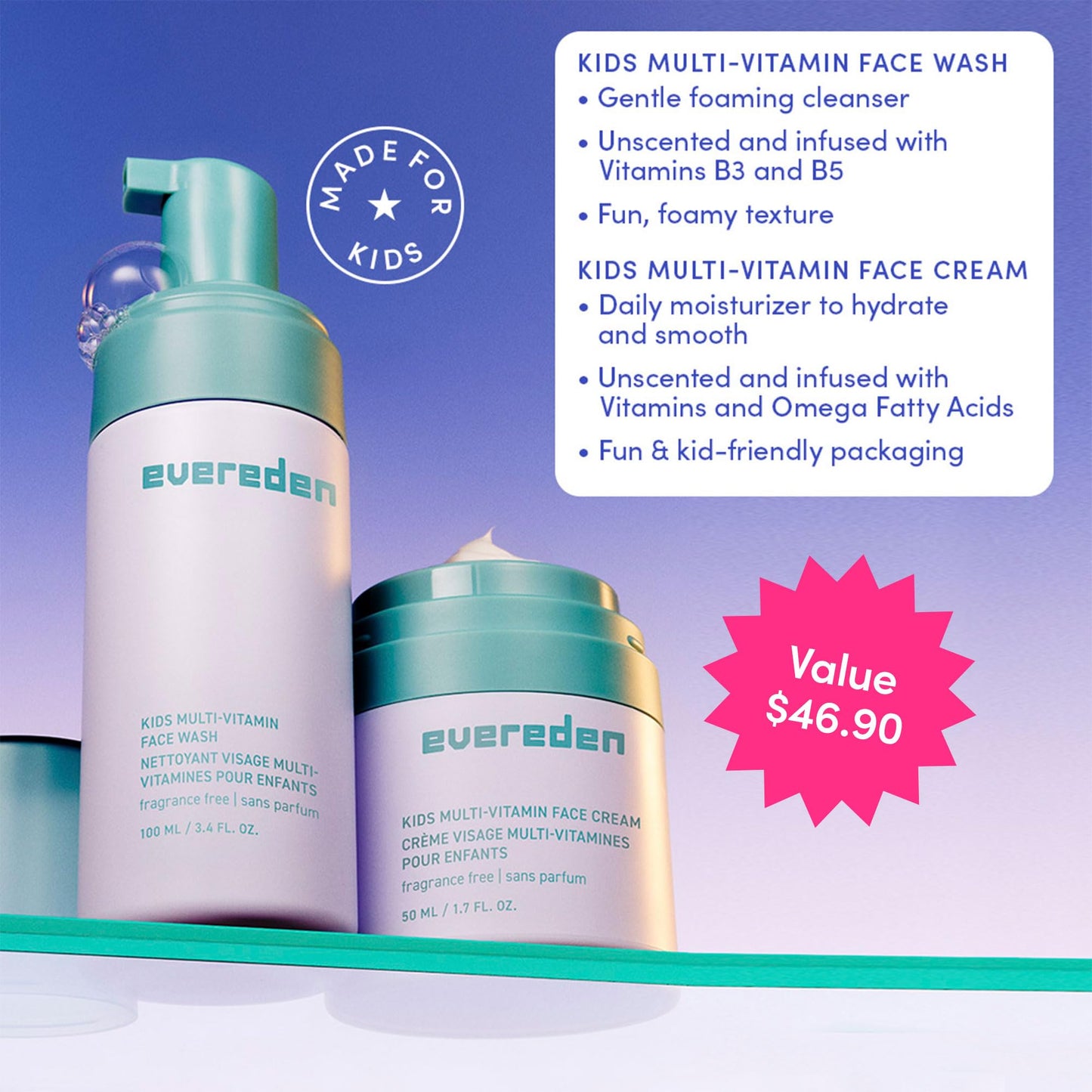Evereden Kids Face Wash & Cream Set, Safe for Sensitive Skin & Unscented