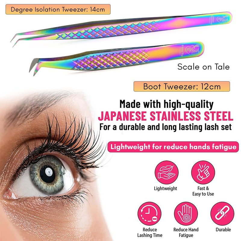 2pcs Fiber Tip Lash Tweezer Set – Boot Volume Tweezer & Isolation Tweezer, Professional Eyelash Extension Tools, Stainless Steel Non-Slip Grip for Classic, Volume & Mega Volume Lashes (Multi)