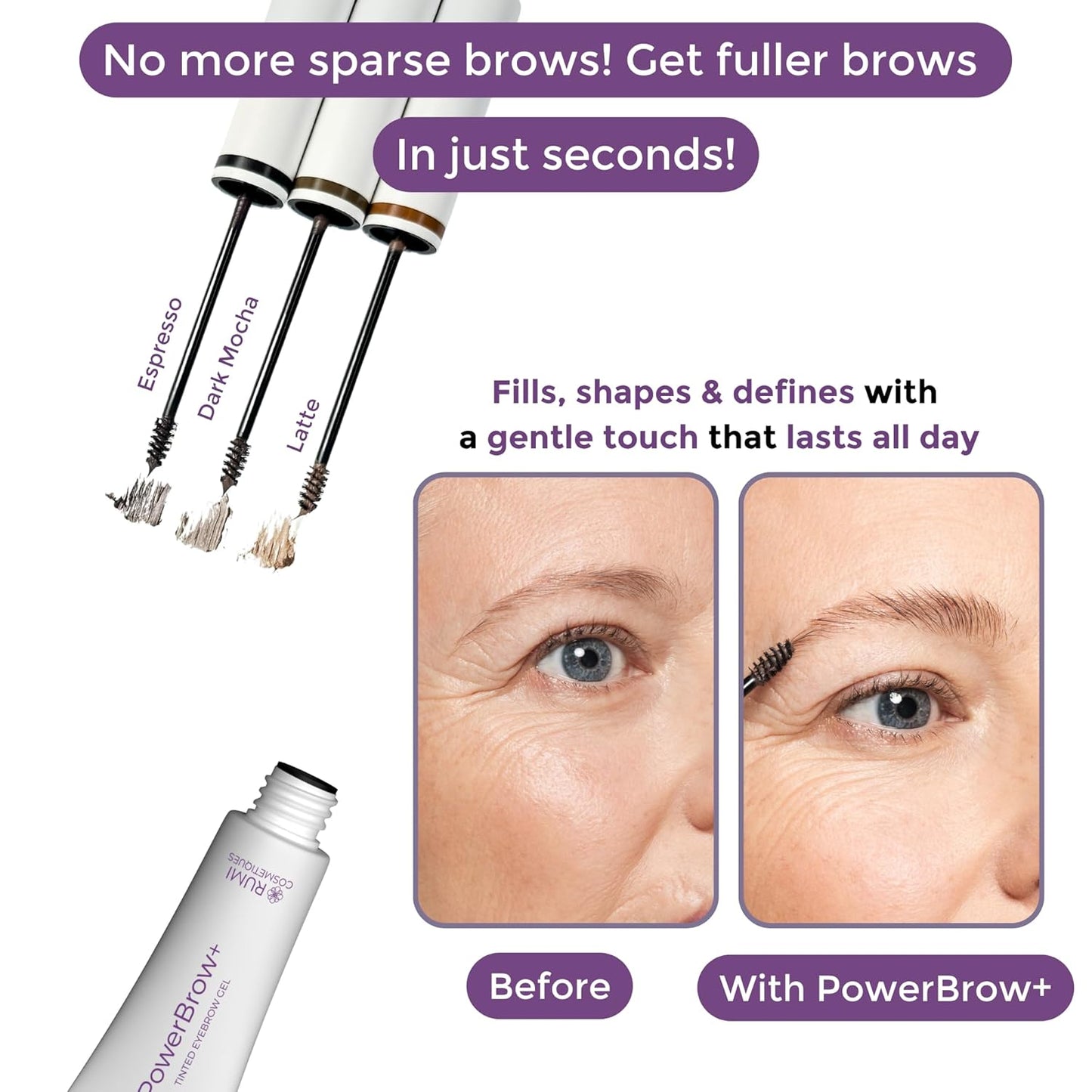 PowerBrow+ Tinted Eyebrow Gel for Mature Women - Defines & Thickens Brows | Natural Dark Brown (Espresso)