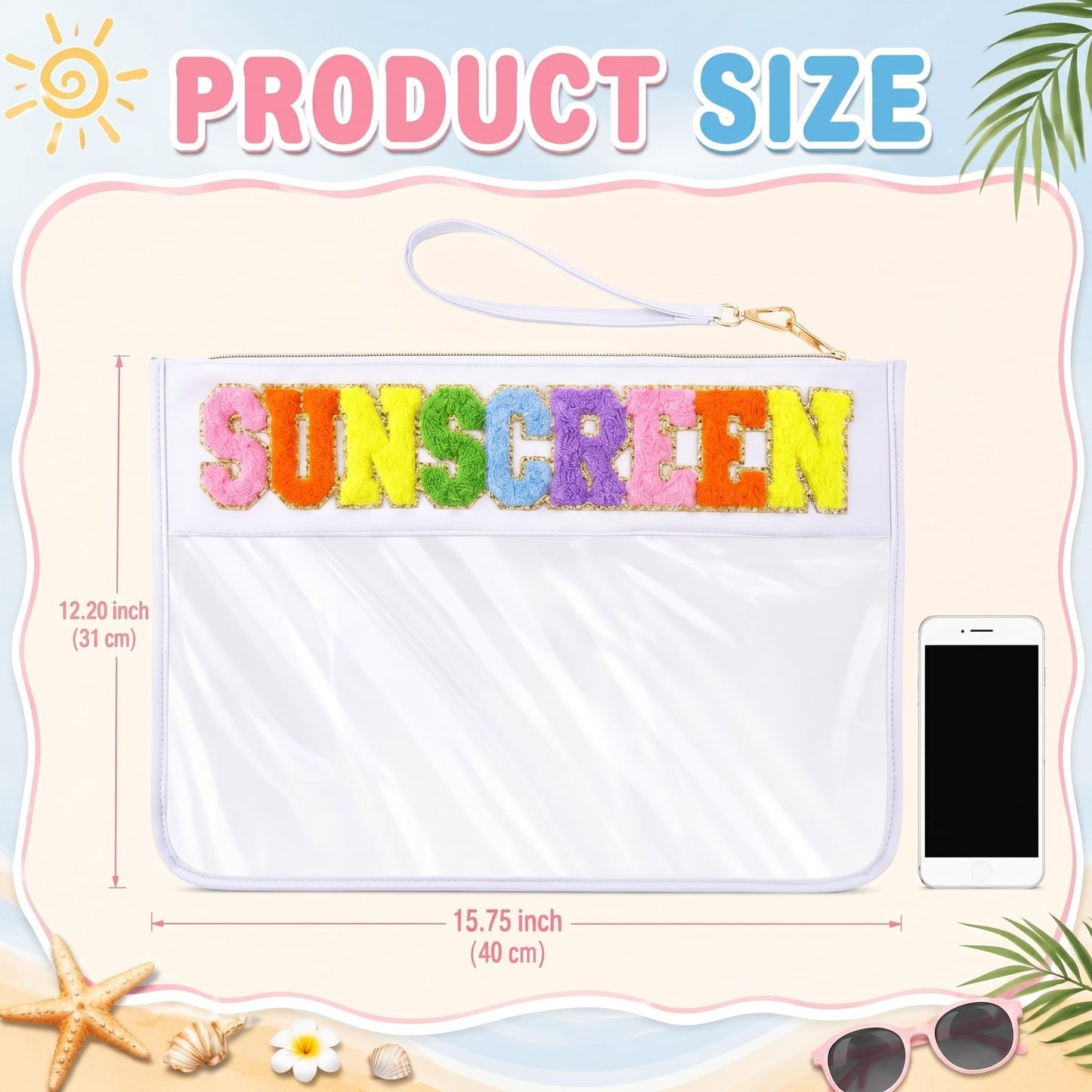 SilTriangle Large Sunscreen Bag, Waterproof PVC Chenille Letter Makeup Pouch Container Zipper Portable Organizer for Full Size Sun Protection Essentials, Summer Beach Travel Gift, 15.75 x 12.20 Inch