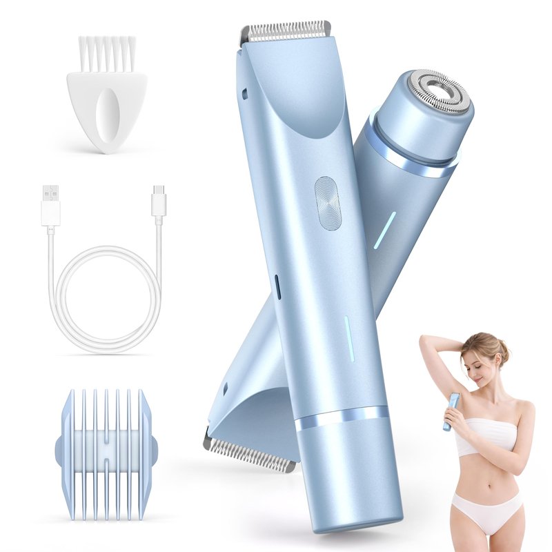 Bikini Trimmer for Women, 2-in-1 Electric Razor with Dual Head, IPX7 Waterproof Body Hair Trimmer for Pubic Hair, Legs, Underarms and Sensitive Areas, Cordless Rechargeable (Blue)