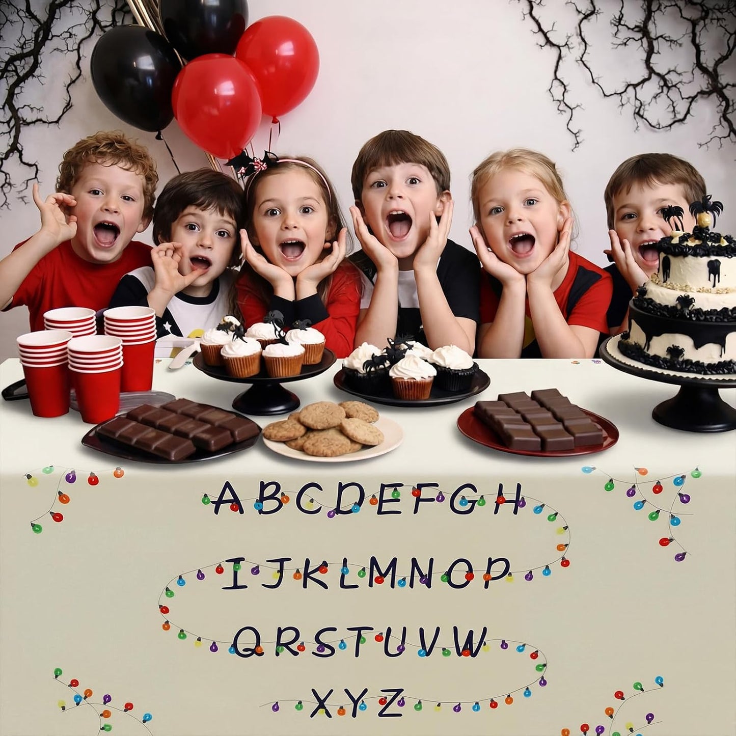 Stranger Theme Tablecloth - 90'' x 116'' Colorful Design for Birthday & Halloween Parties | Fits 72'' x 30'' Tables